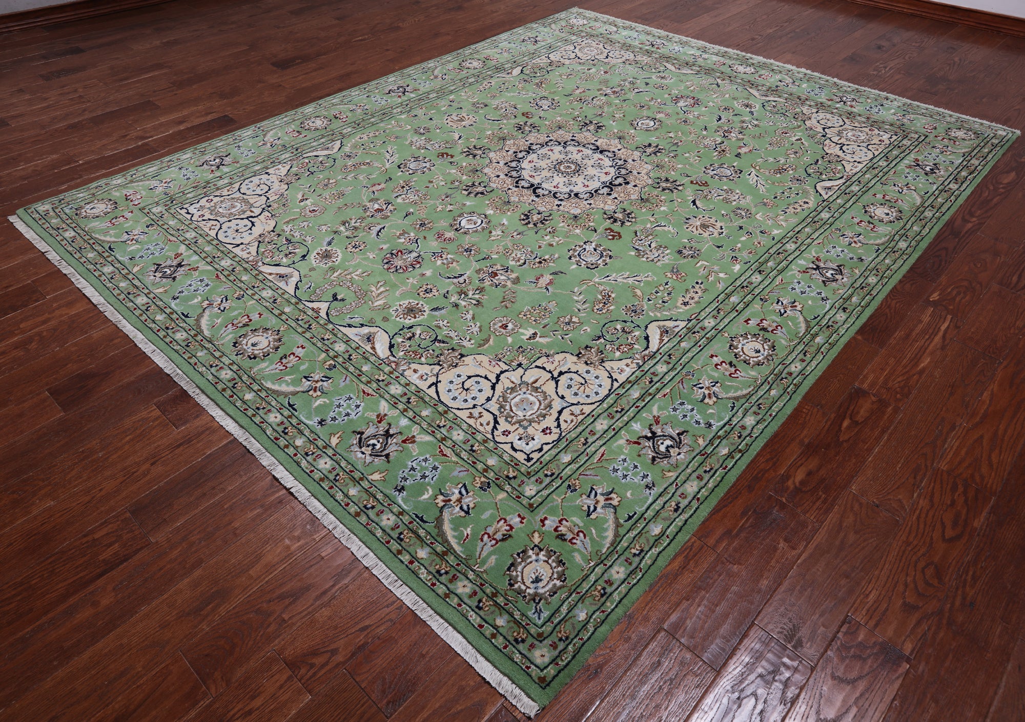 Green Persian Nain Hand Knotted Wool & Silk Rug - 7' 10" X 10' 2"