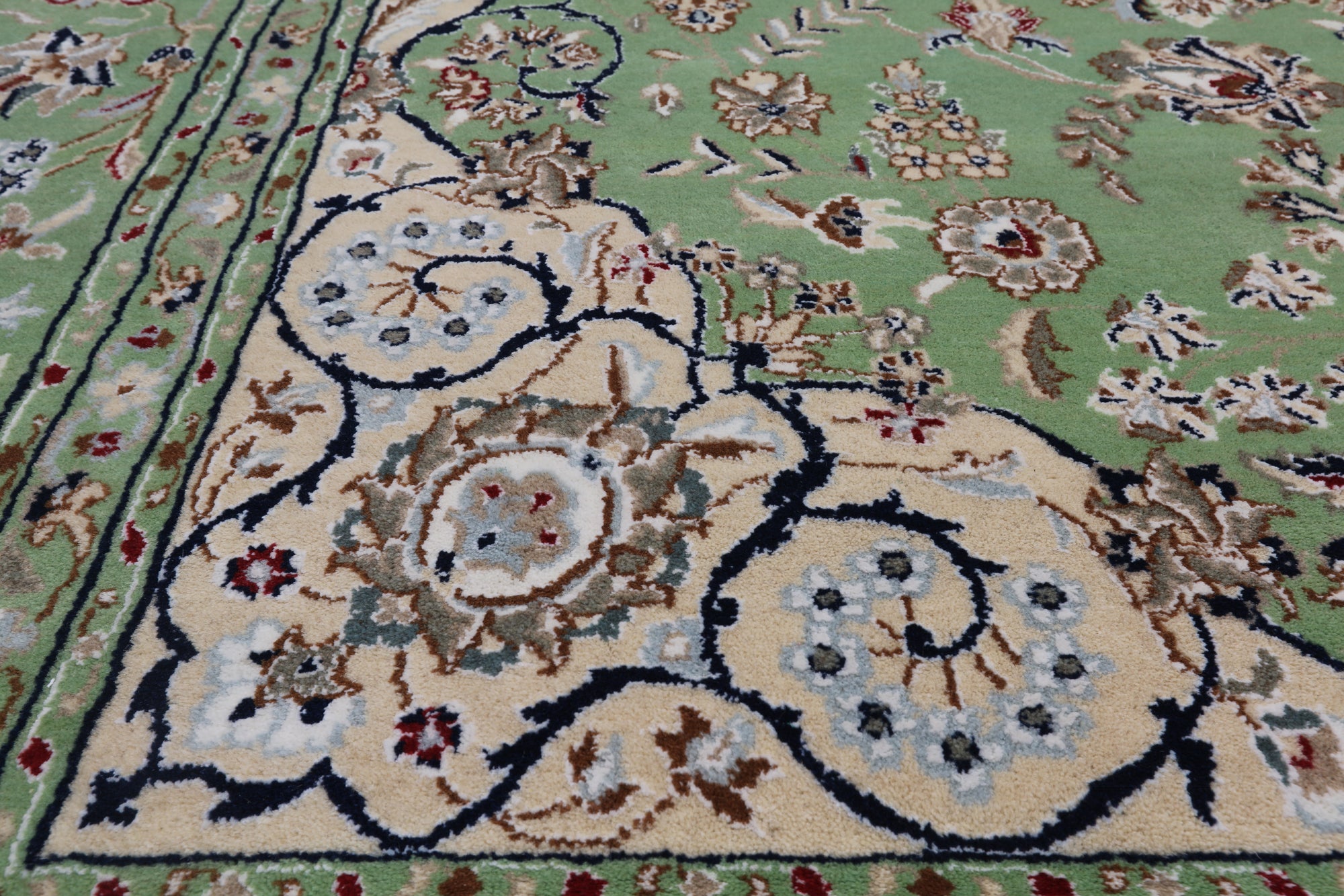 Green Persian Nain Hand Knotted Wool & Silk Rug - 7' 10" X 10' 2"