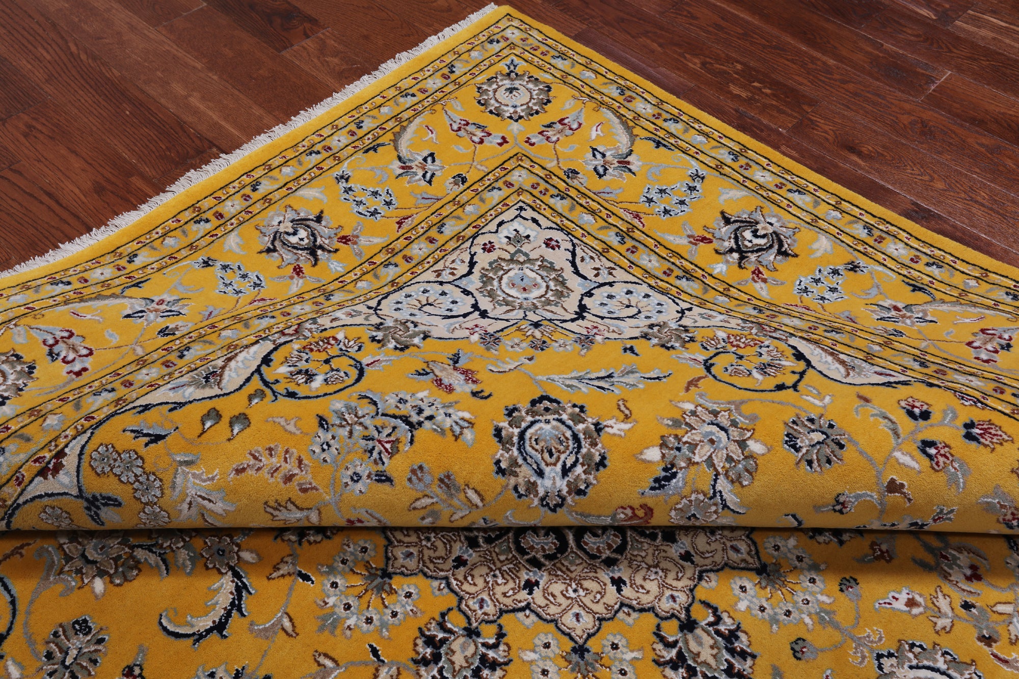 Gold Square Persian Nain Hand Knotted Wool & Silk Rug - 8' 3" X 8' 3"