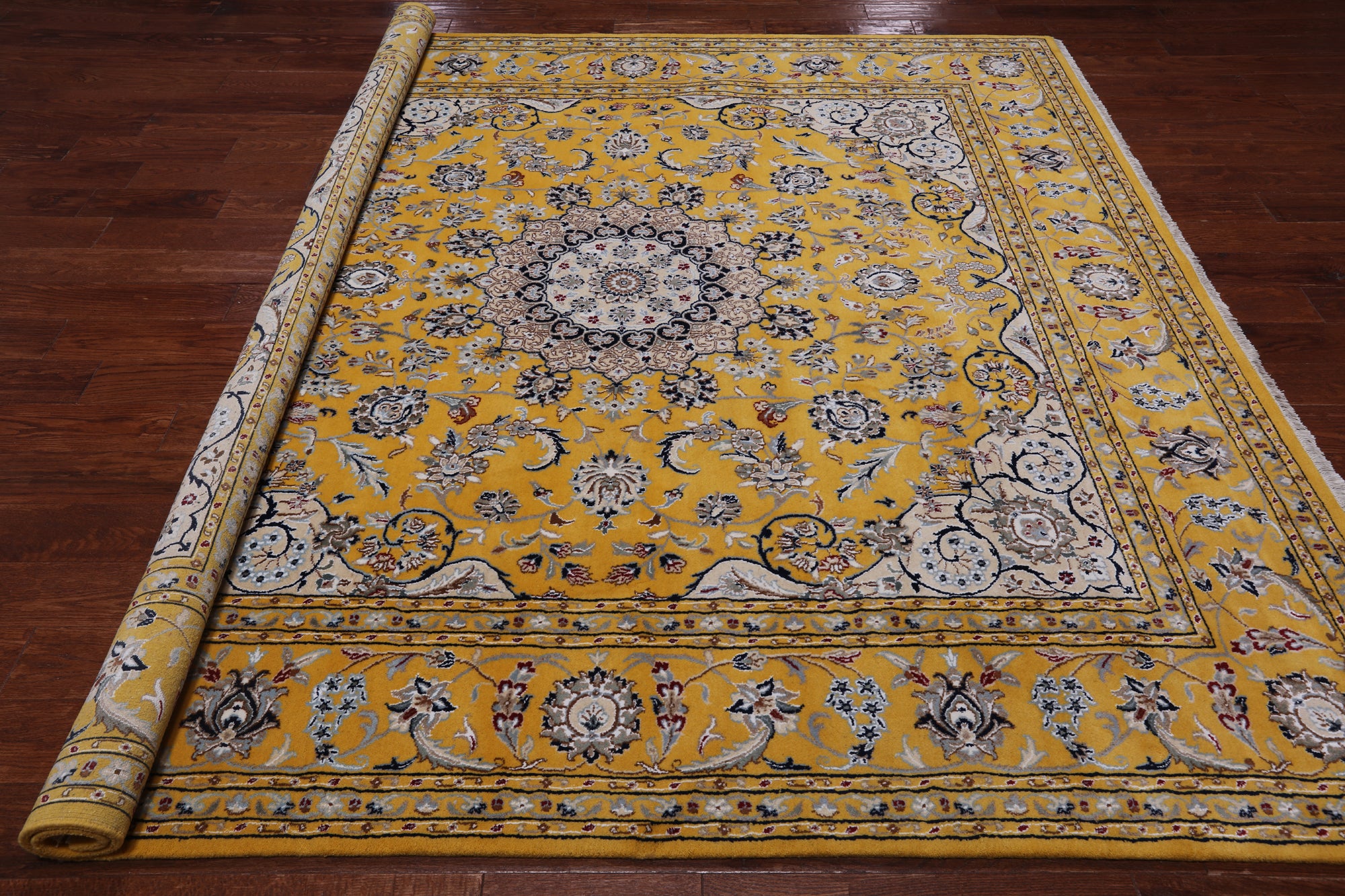 Gold Square Persian Nain Hand Knotted Wool & Silk Rug - 8' 3" X 8' 3"