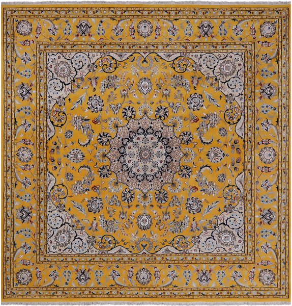 Gold Square Persian Nain Hand Knotted Wool & Silk Rug - 8' 3" X 8' 3"