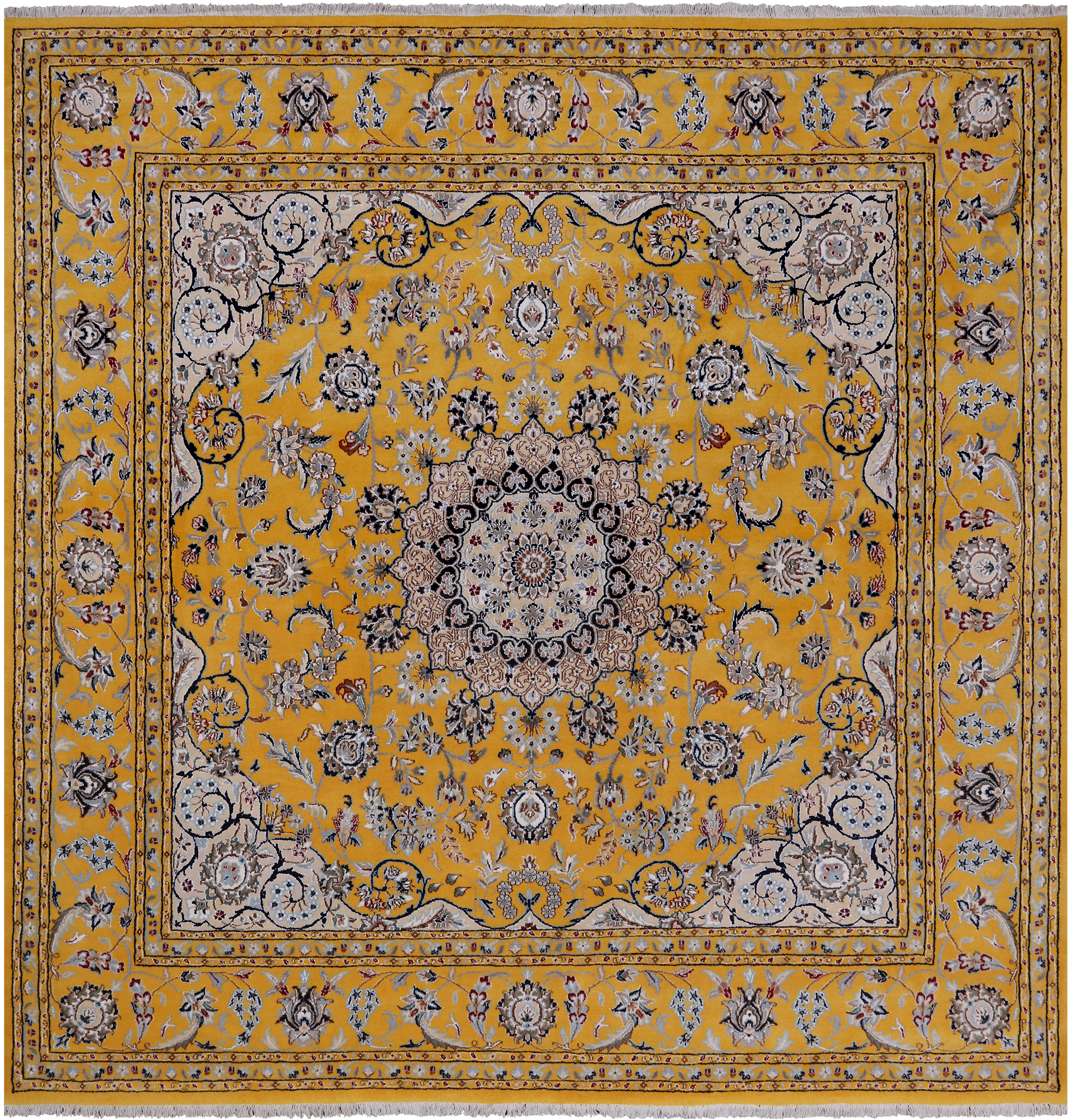 Gold Square Persian Nain Hand Knotted Wool & Silk Rug - 8' 3" X 8' 3"