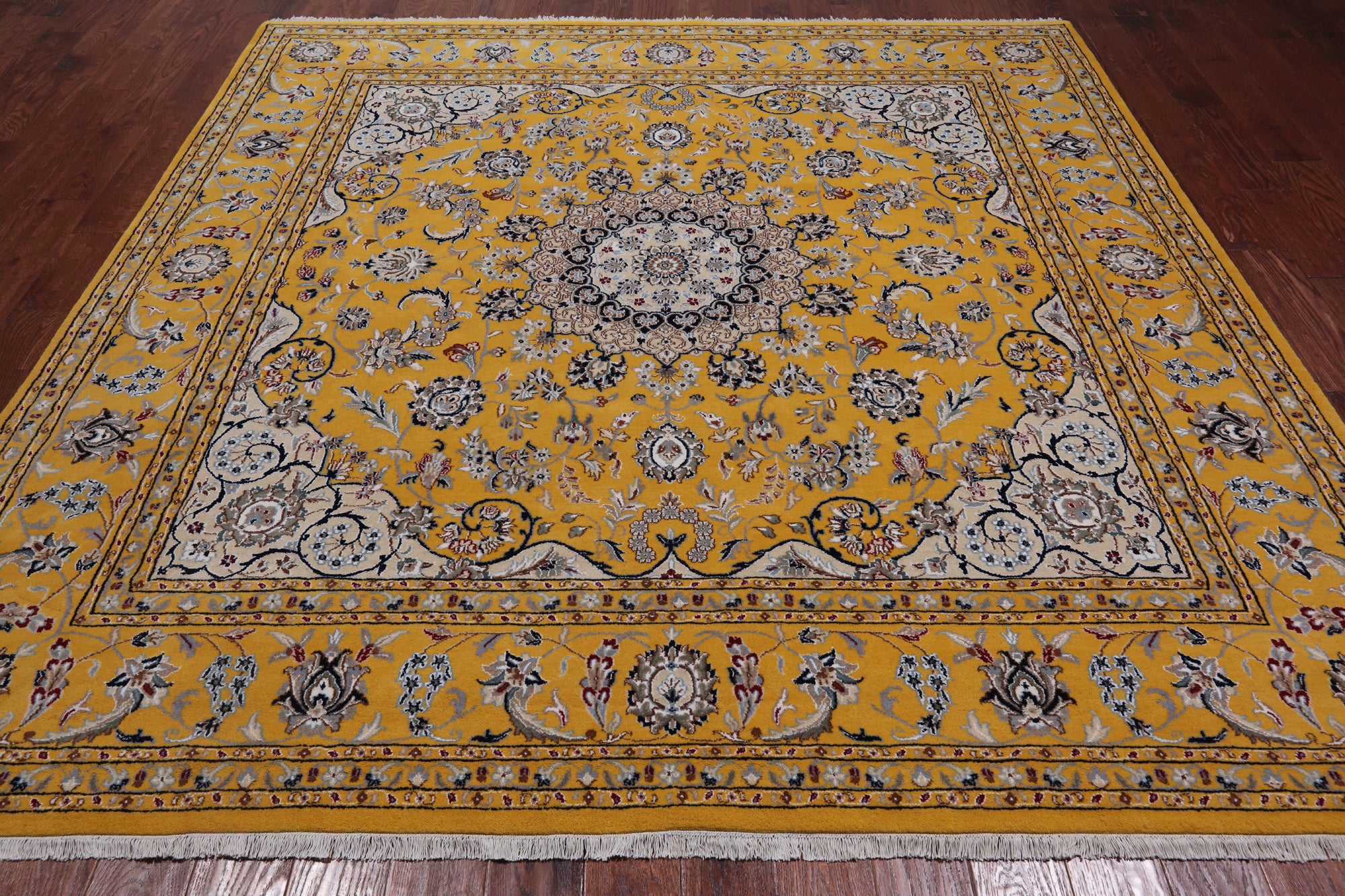 Gold Square Persian Nain Hand Knotted Wool & Silk Rug - 8' 3" X 8' 3"