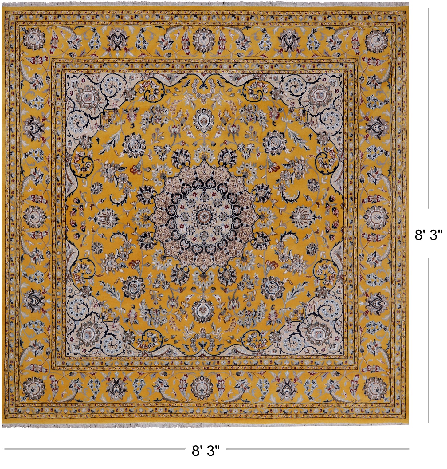 Gold Square Persian Nain Hand Knotted Wool & Silk Rug - 8' 3" X 8' 3"