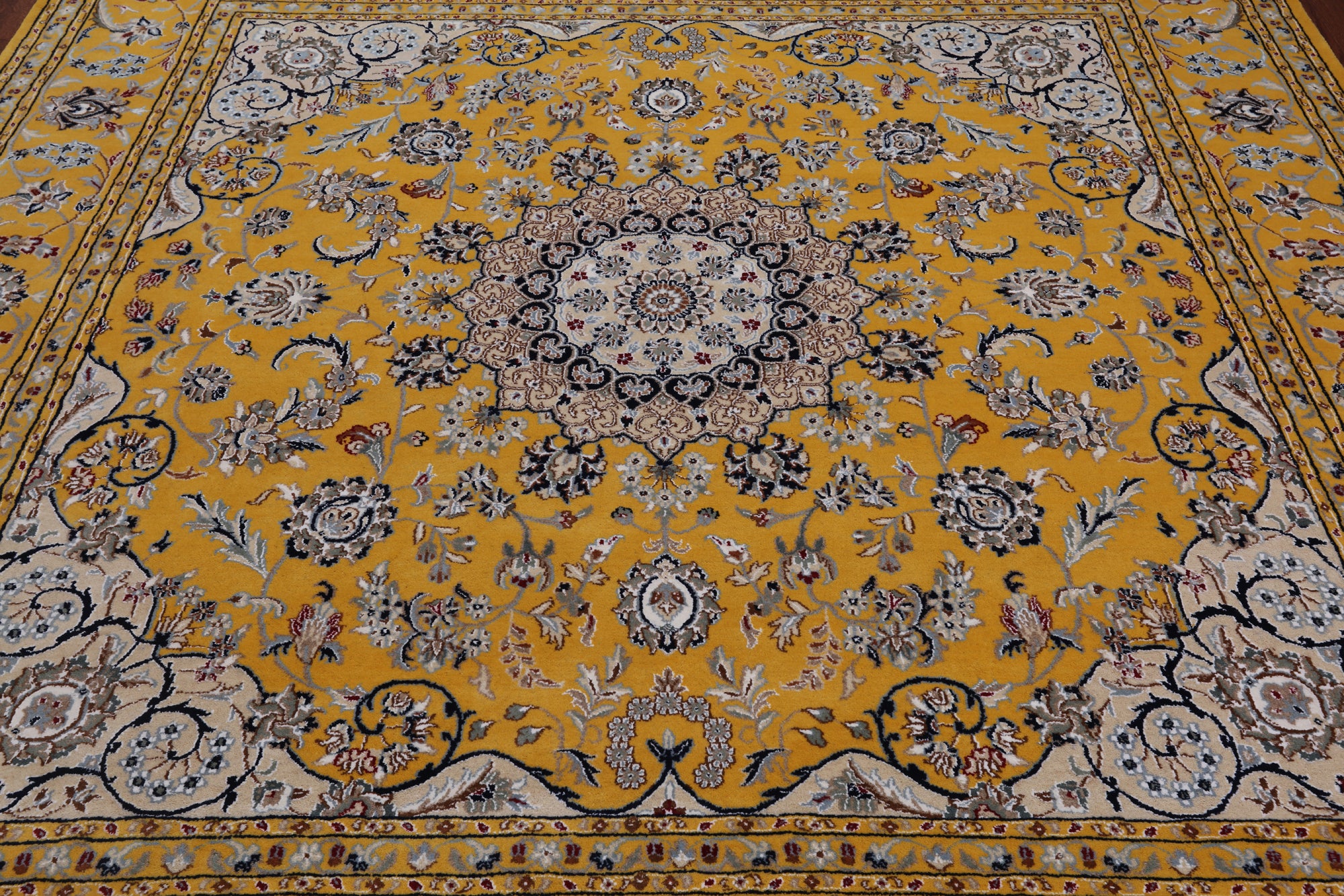 Gold Square Persian Nain Hand Knotted Wool & Silk Rug - 8' 3" X 8' 3"