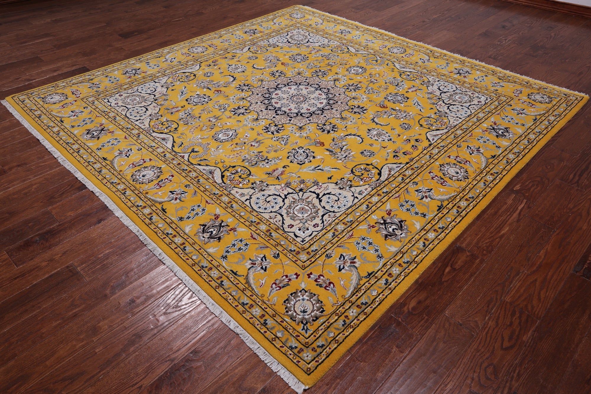 Gold Square Persian Nain Hand Knotted Wool & Silk Rug - 8' 3" X 8' 3"