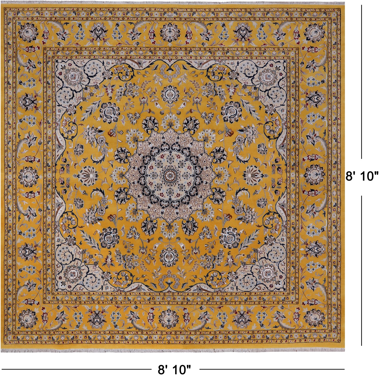 Gold Square Persian Nain Hand-Knotted Wool & Silk Rug - 8' 10" X 8' 10"