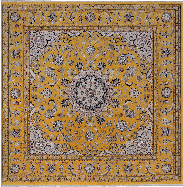 Gold Square Persian Nain Hand-Knotted Wool & Silk Rug - 8' 10" X 8' 10"