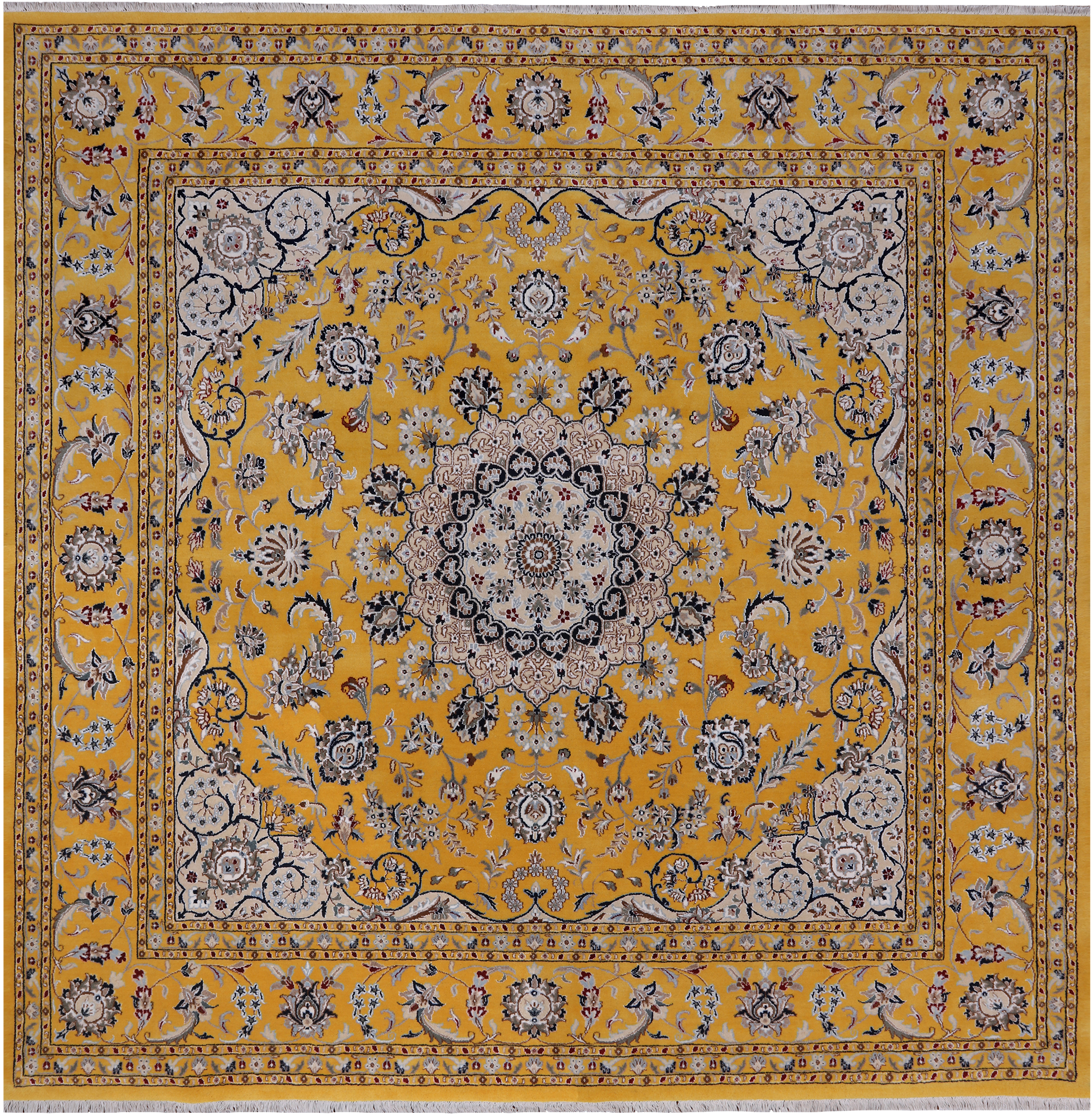 Gold Square Persian Nain Hand-Knotted Wool & Silk Rug - 8' 10" X 8' 10"
