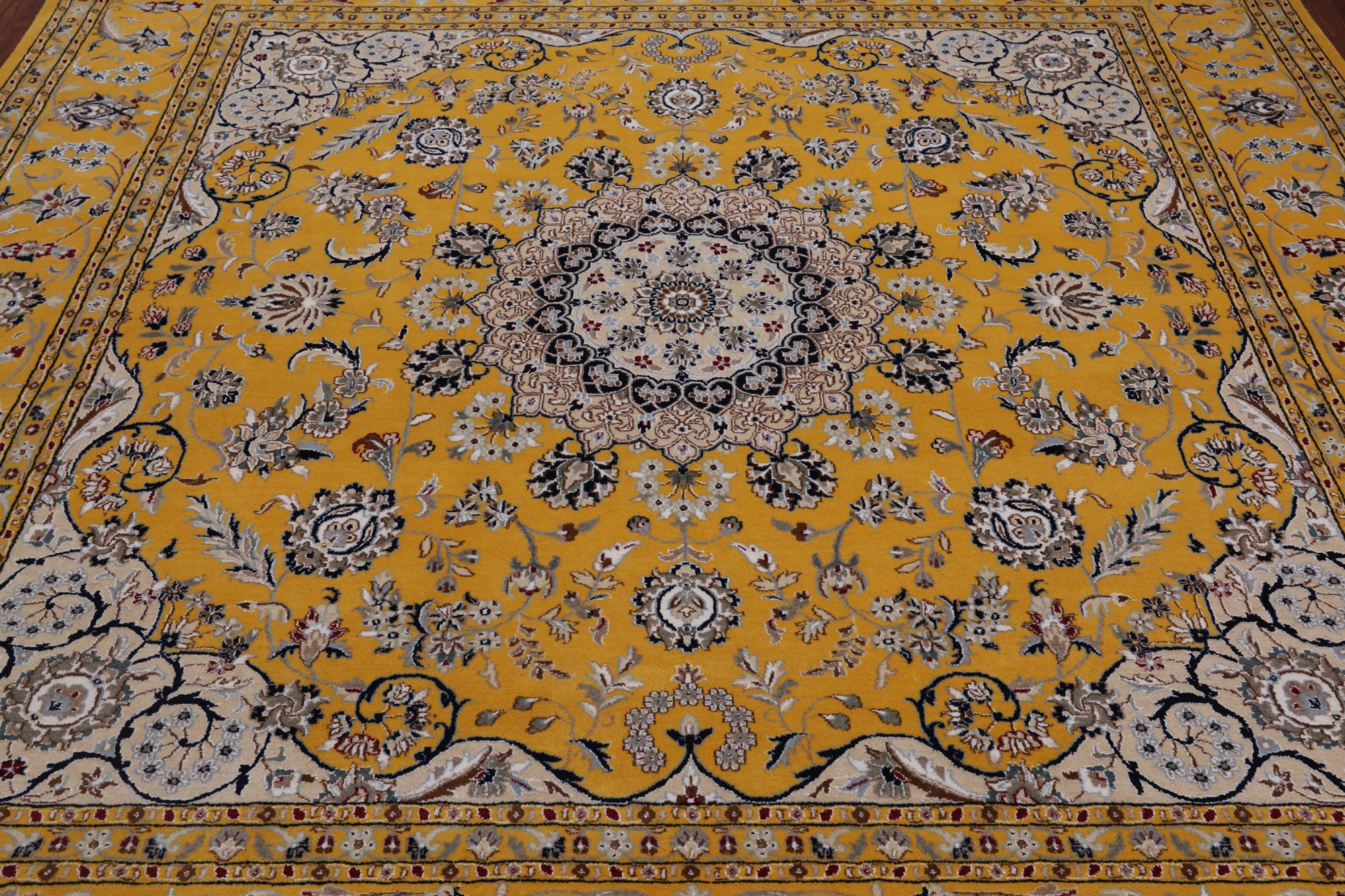 Gold Square Persian Nain Hand-Knotted Wool & Silk Rug - 8' 10" X 8' 10"