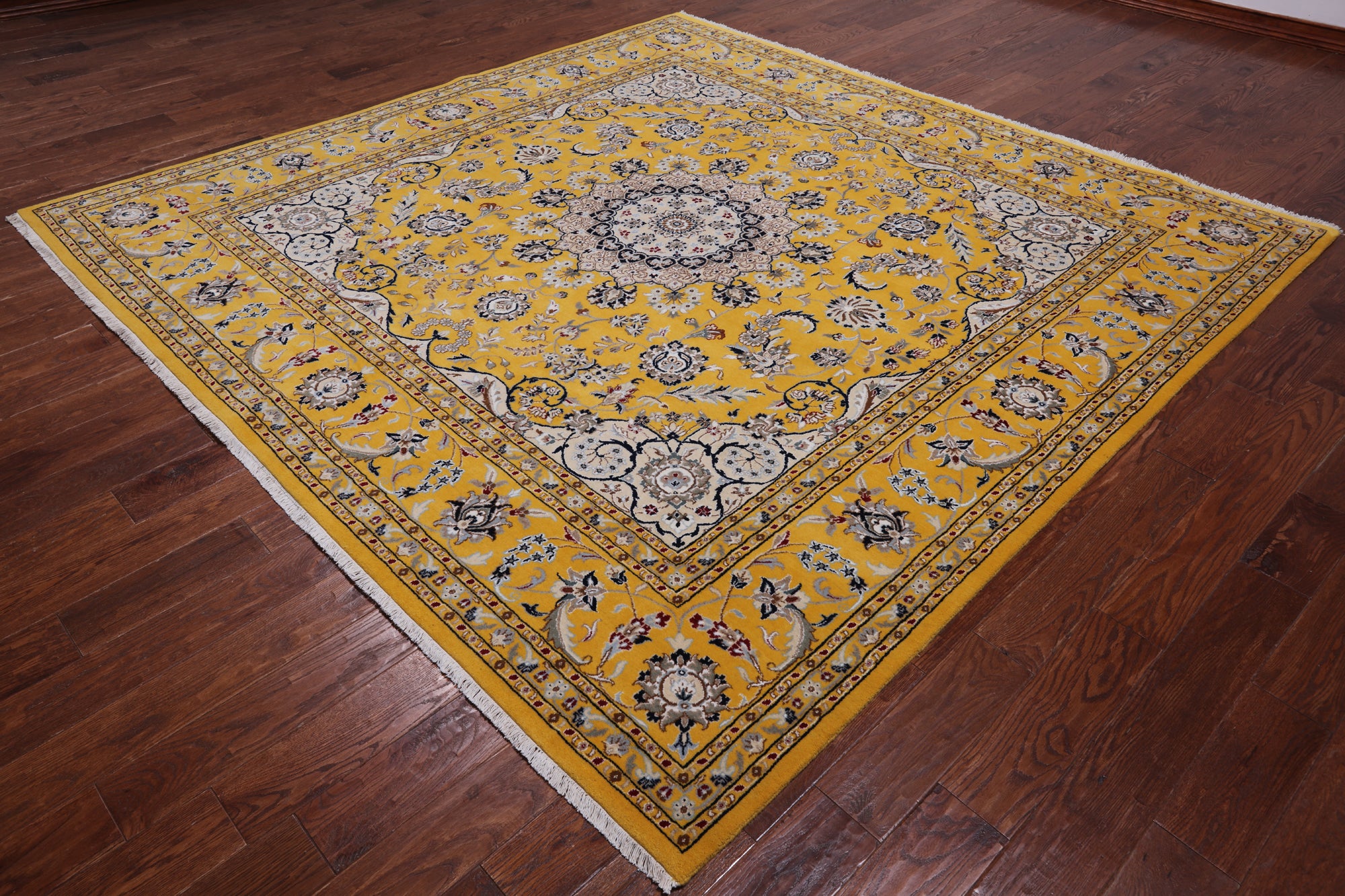 Gold Square Persian Nain Hand-Knotted Wool & Silk Rug - 8' 10" X 8' 10"