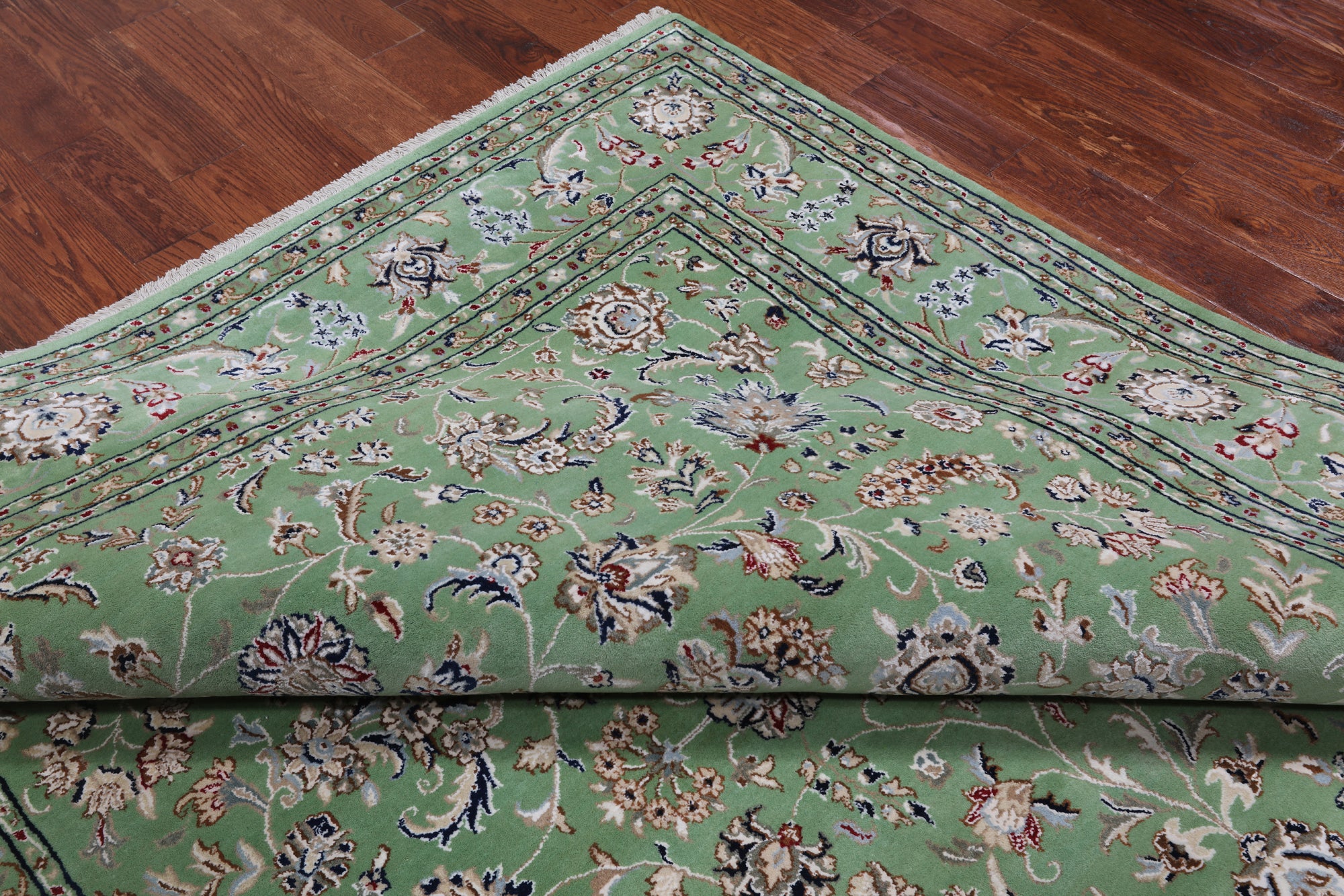 Green Persian Nain Handmade Wool & Silk Rug - 8' 2" X 10' 4"