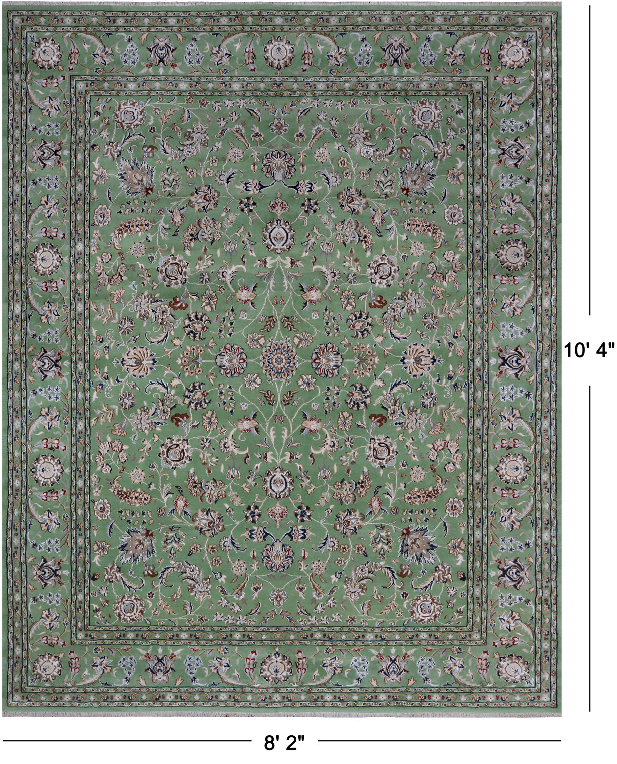 Green Persian Nain Handmade Wool & Silk Rug - 8' 2" X 10' 4"