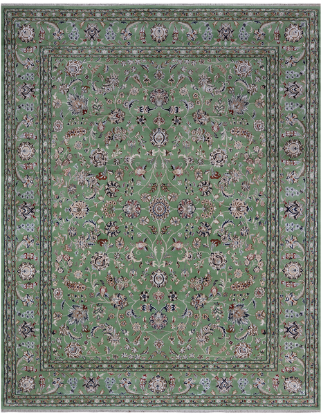 Green Persian Nain Handmade Wool & Silk Rug - 8' 2" X 10' 4"