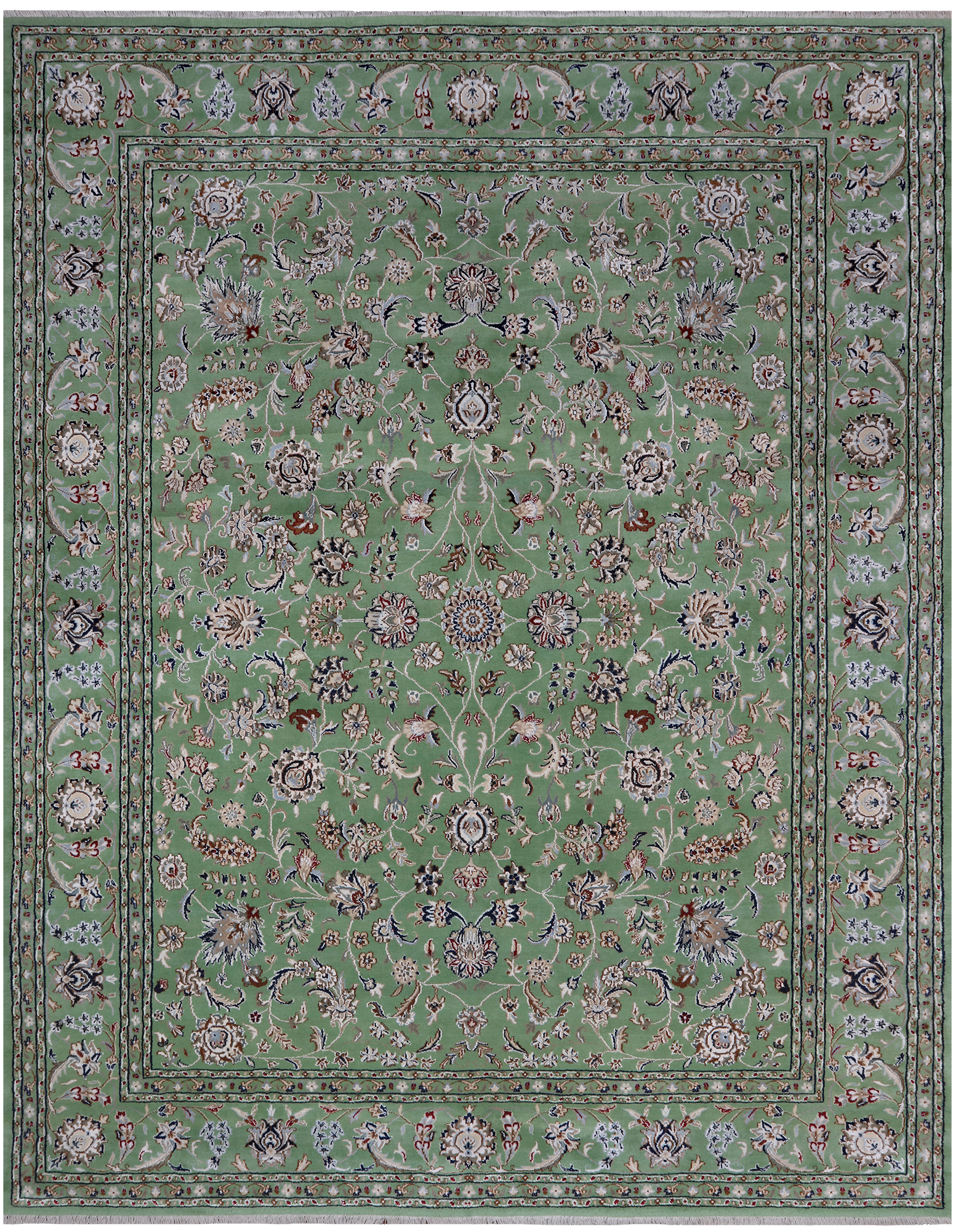 Green Persian Nain Handmade Wool & Silk Rug - 8' 2" X 10' 4"