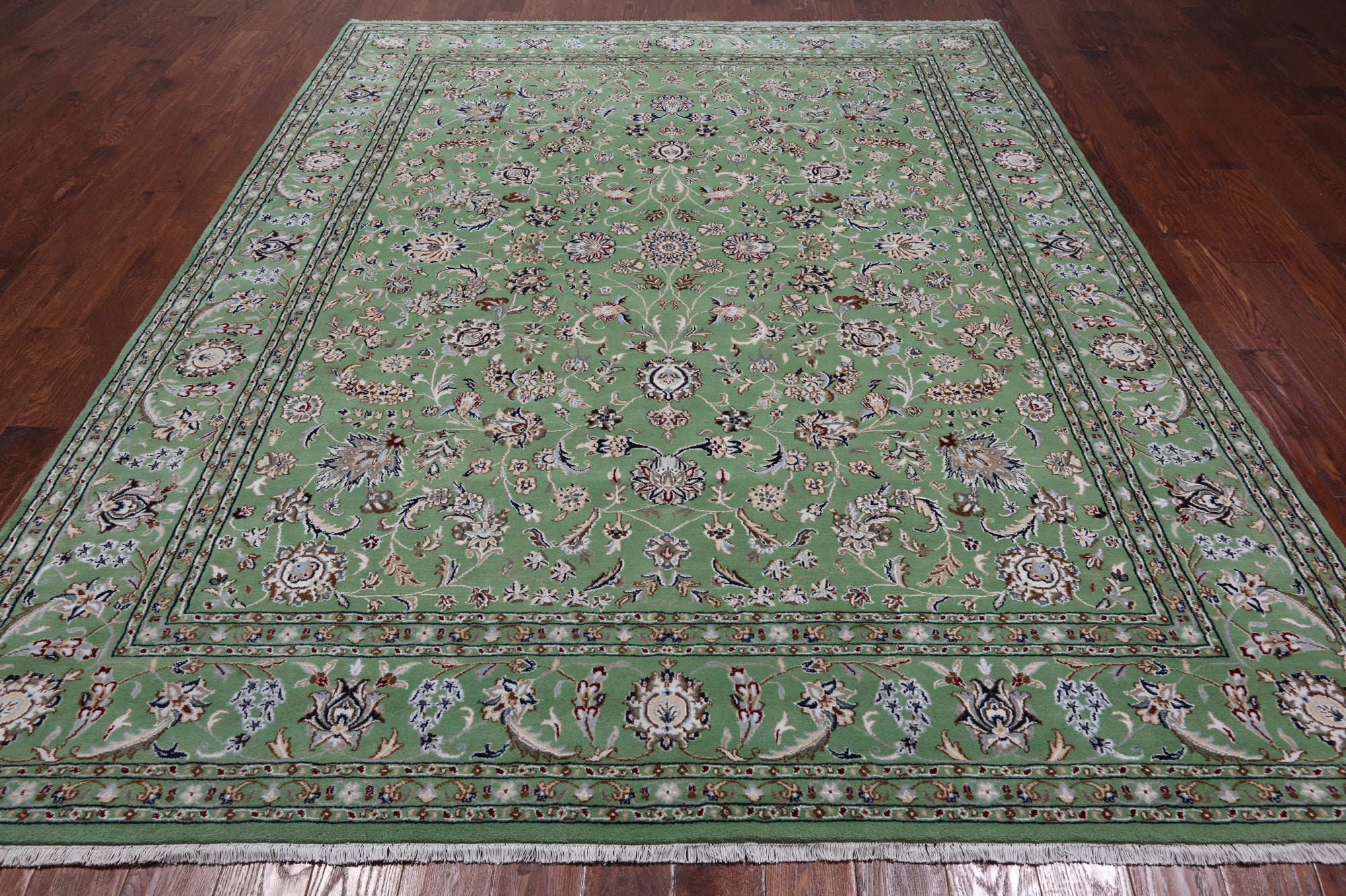 Green Persian Nain Handmade Wool & Silk Rug - 8' 2" X 10' 4"