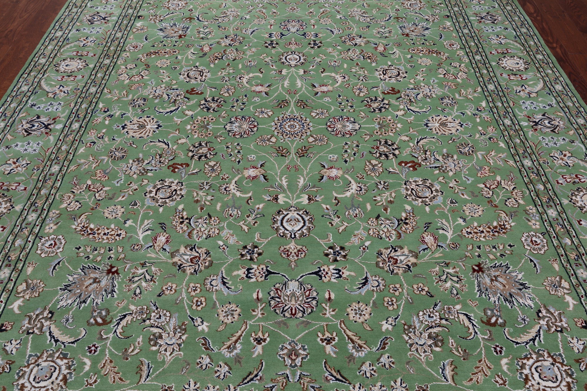 Green Persian Nain Handmade Wool & Silk Rug - 8' 2" X 10' 4"