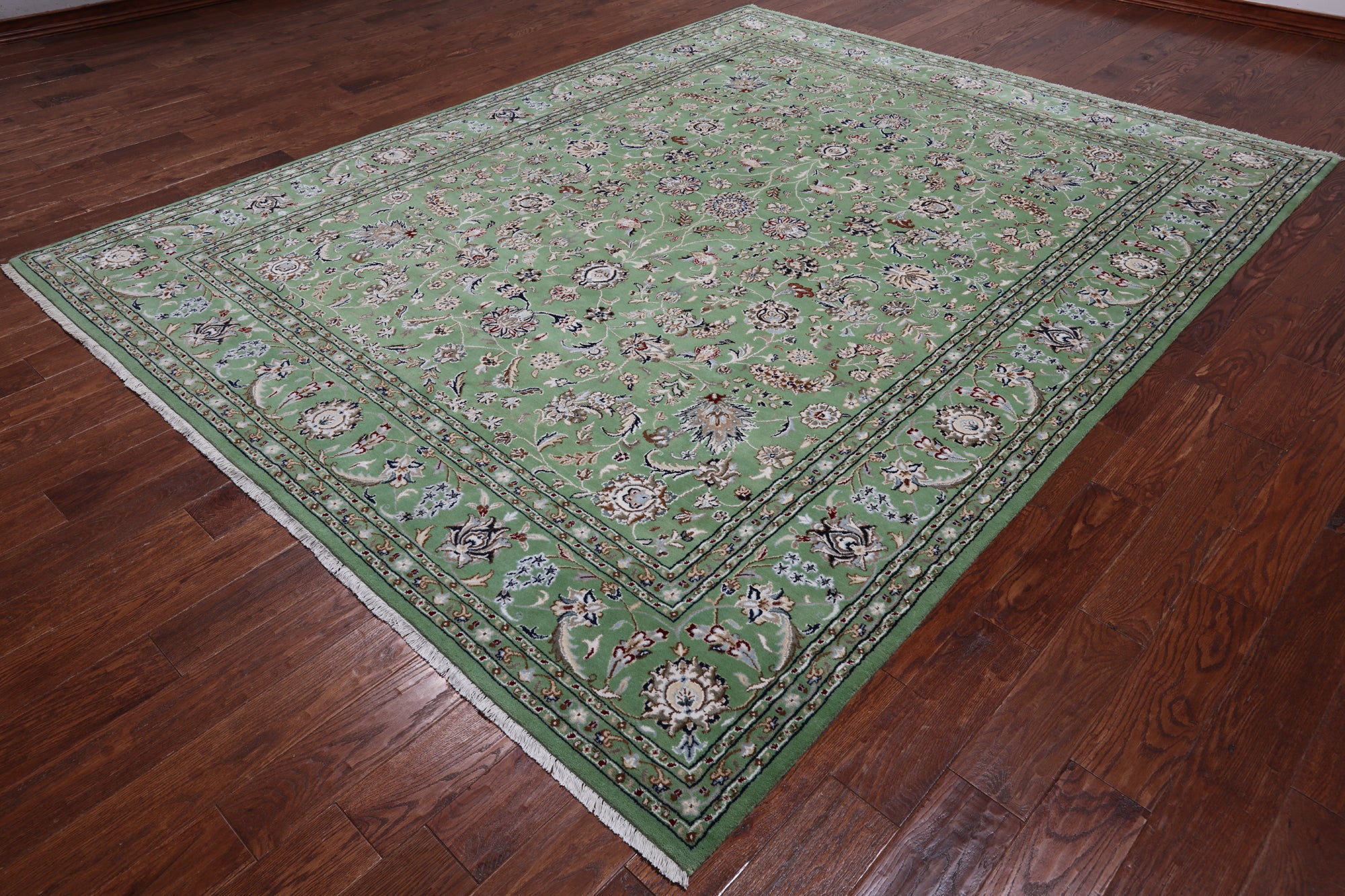 Green Persian Nain Handmade Wool & Silk Rug - 8' 2" X 10' 4"