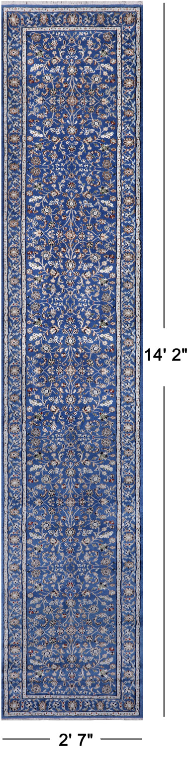 Blue Persian Nain Hand Knotted Wool & Silk Rug - 2' 7" X 14' 2"