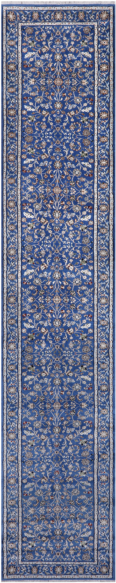 Blue Persian Nain Hand Knotted Wool & Silk Rug - 2' 7" X 14' 2"
