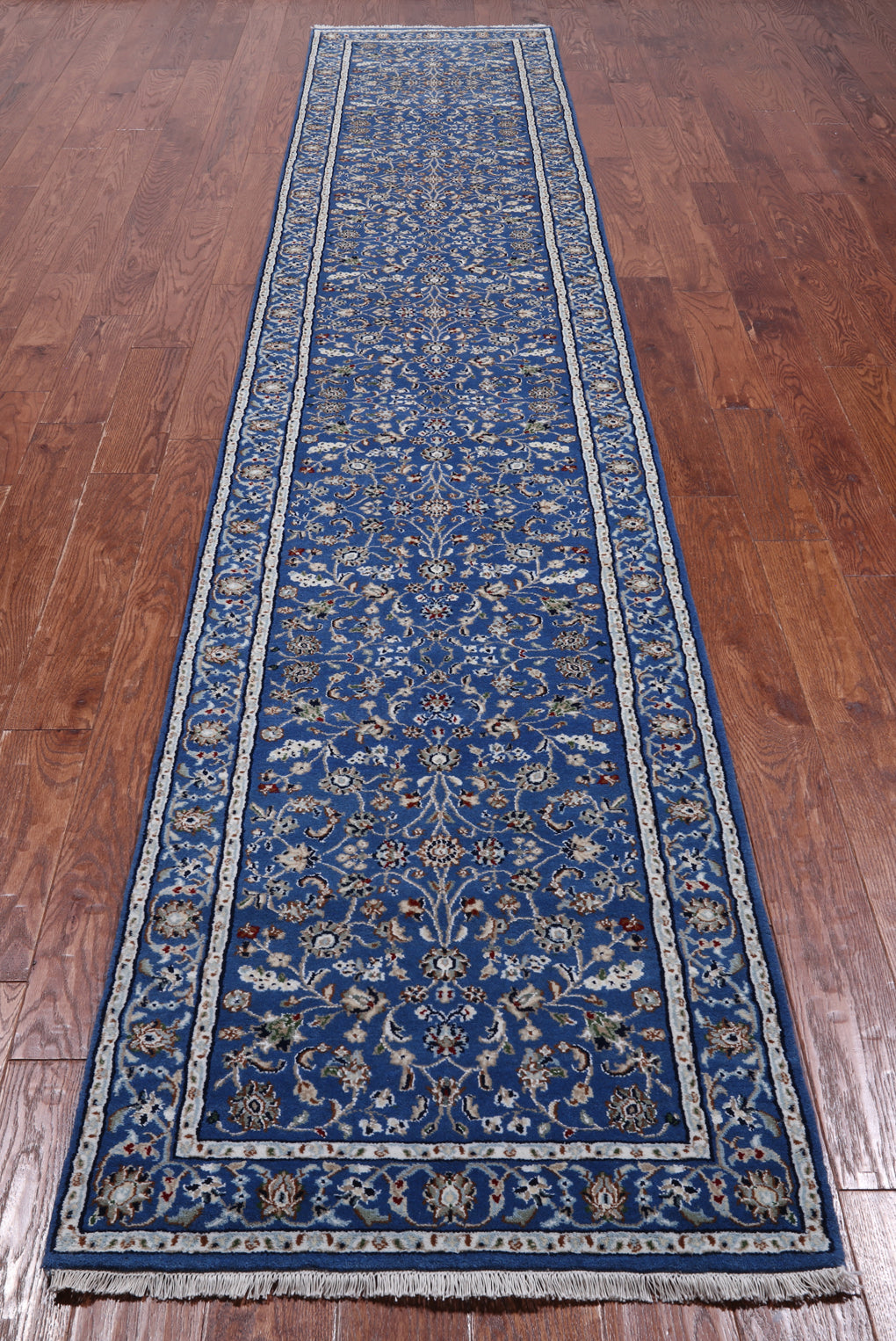 Blue Persian Nain Hand Knotted Wool & Silk Rug - 2' 7" X 14' 2"