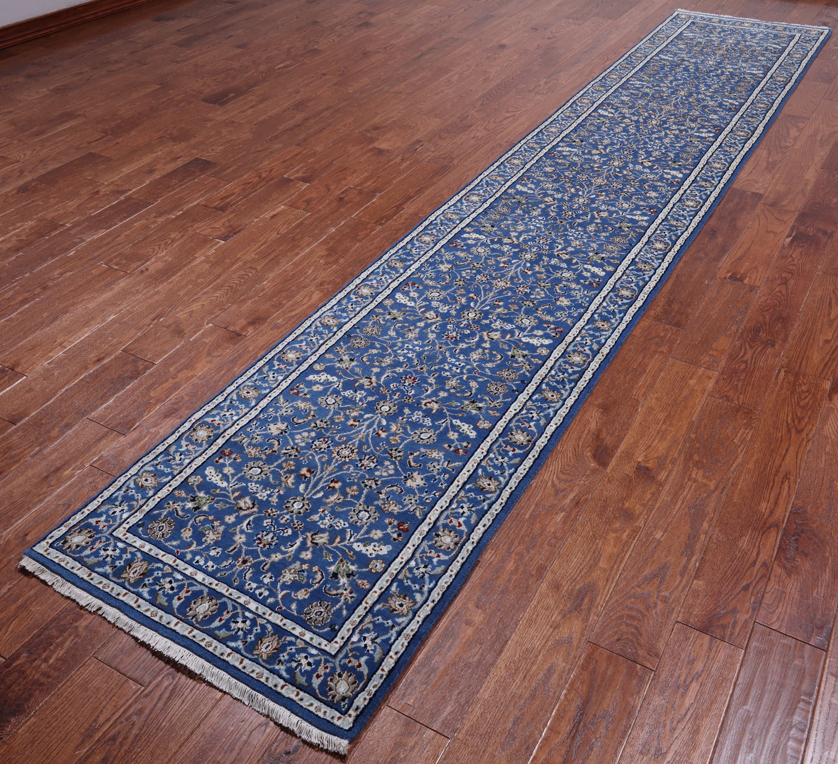 Blue Persian Nain Hand Knotted Wool & Silk Rug - 2' 7" X 14' 2"