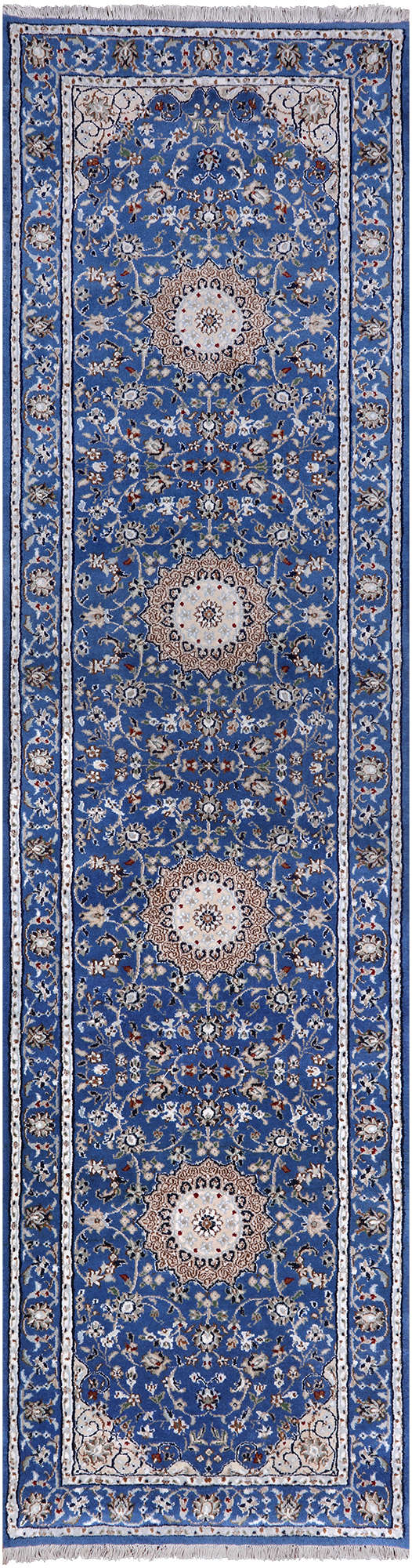 Blue Persian Nain Handmade Wool & Silk Rug - 2' 8" X 10' 3"