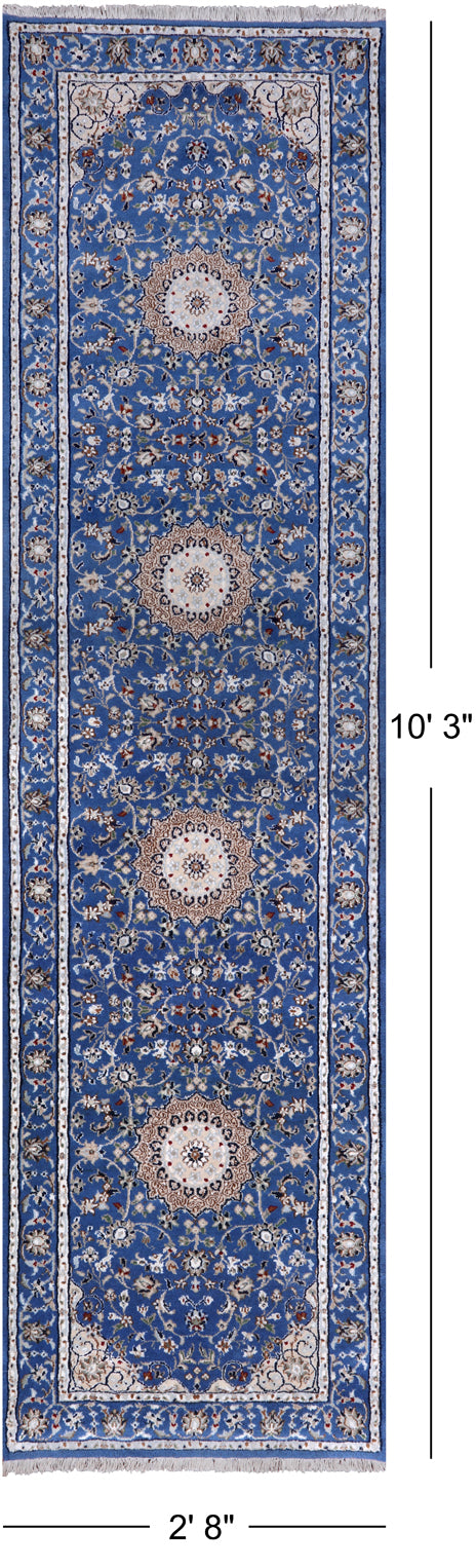 Blue Persian Nain Handmade Wool & Silk Rug - 2' 8" X 10' 3"