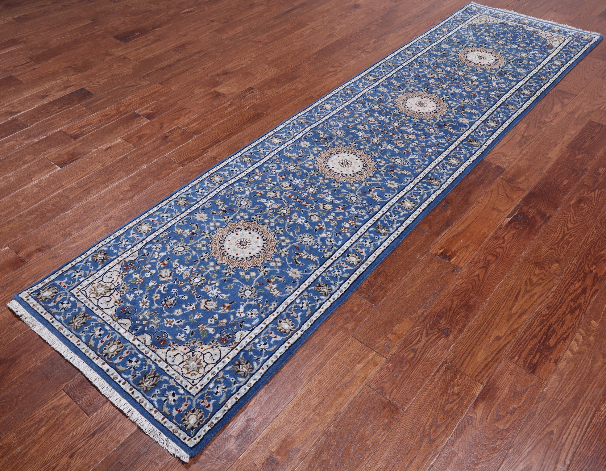 Blue Persian Nain Handmade Wool & Silk Rug - 2' 8" X 10' 3"