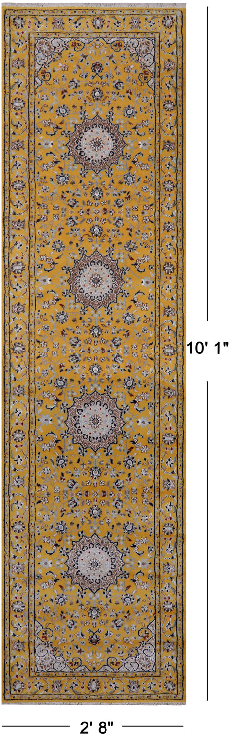 Gold Persian Nain Hand-Knotted Wool & Silk Runner Rug - 2' 8" X 10' 1"