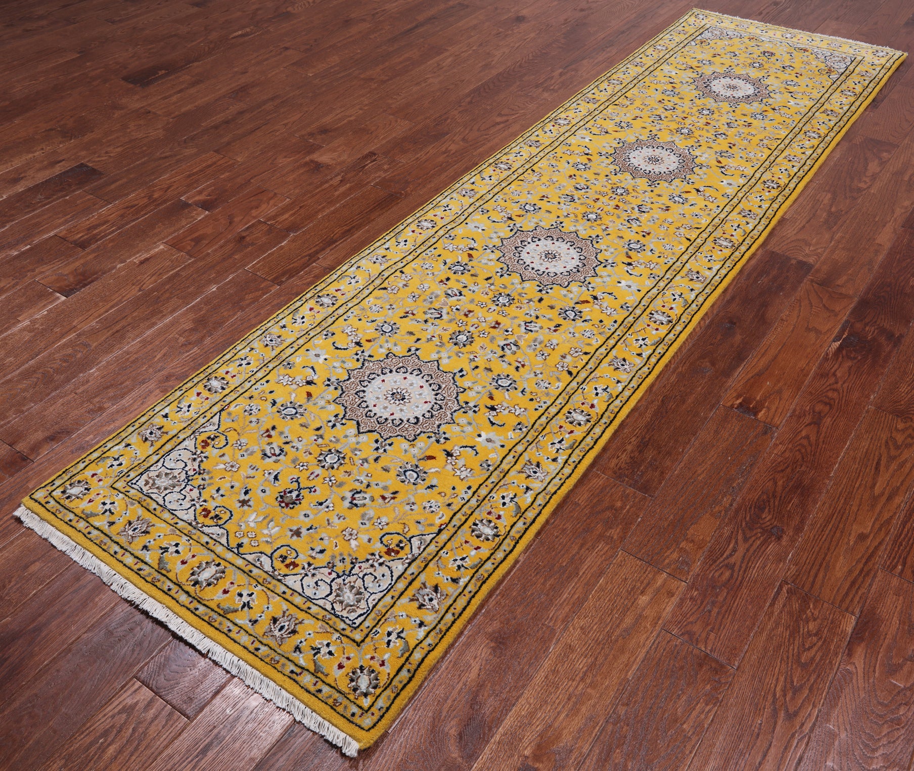 Gold Persian Nain Hand-Knotted Wool & Silk Runner Rug - 2' 8" X 10' 1"