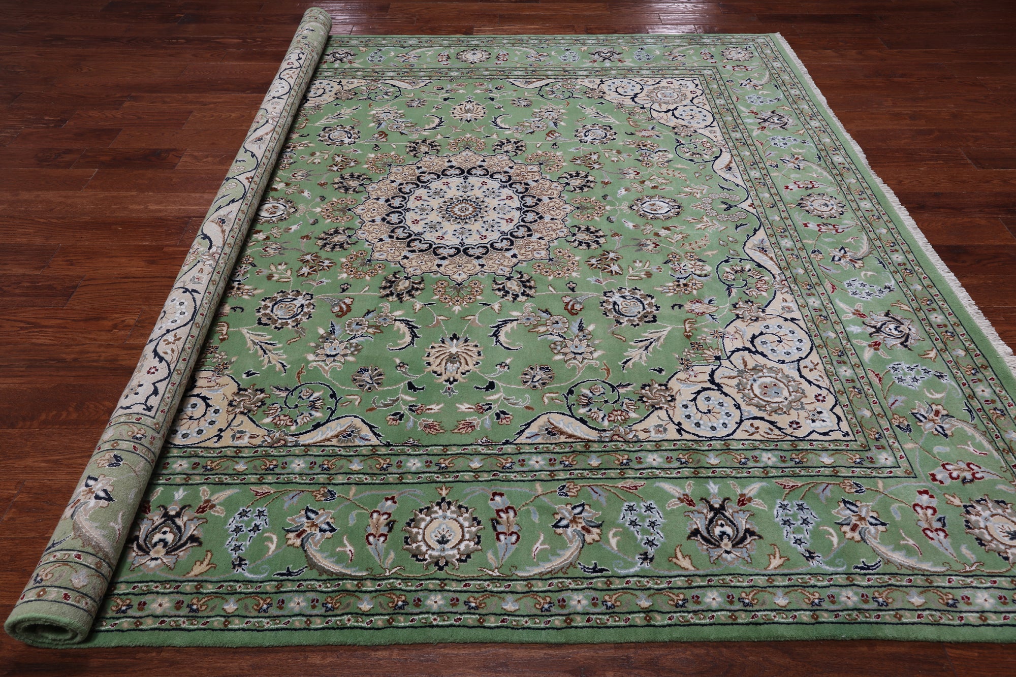 Green Square Persian Nain Hand Knotted Wool & Silk Rug - 8' 2" X 8' 2"