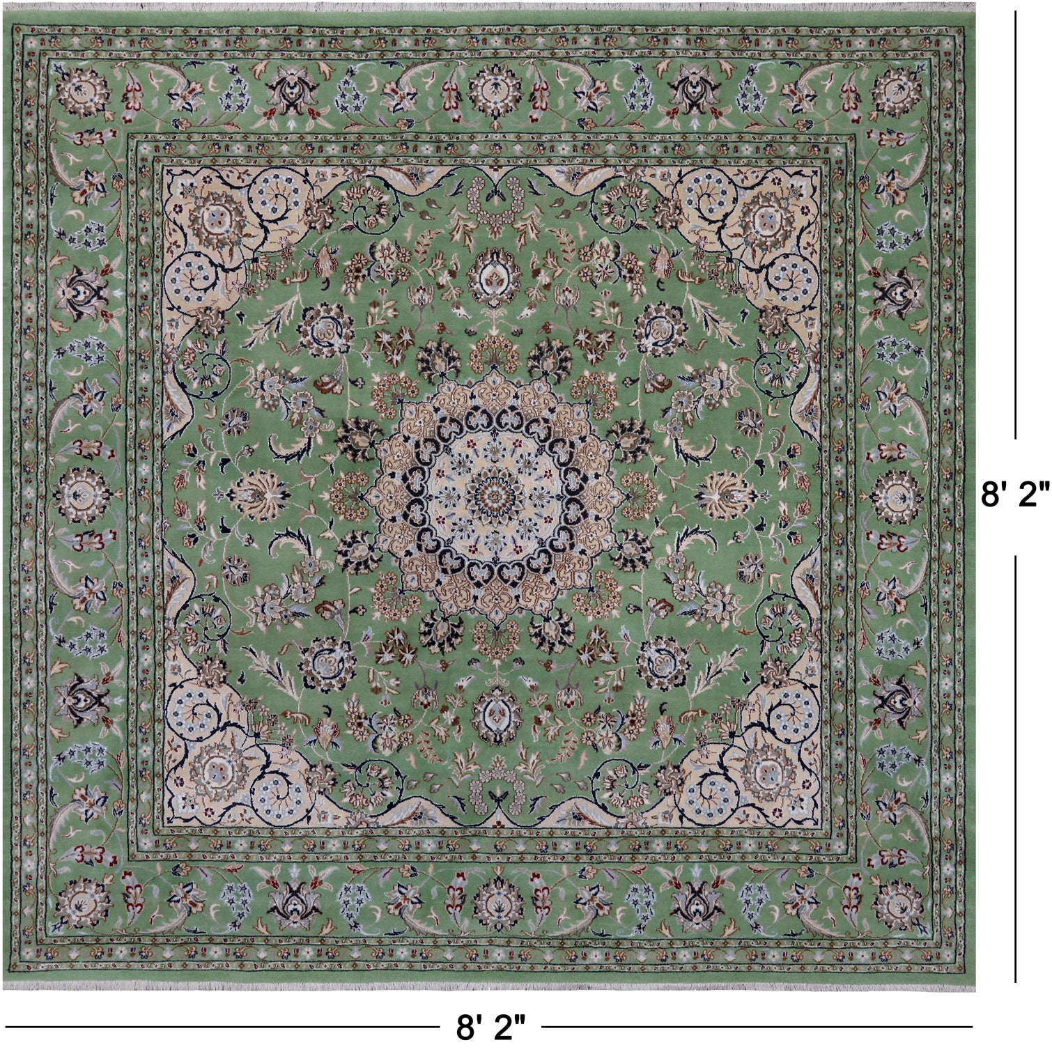 Green Square Persian Nain Hand Knotted Wool & Silk Rug - 8' 2" X 8' 2"