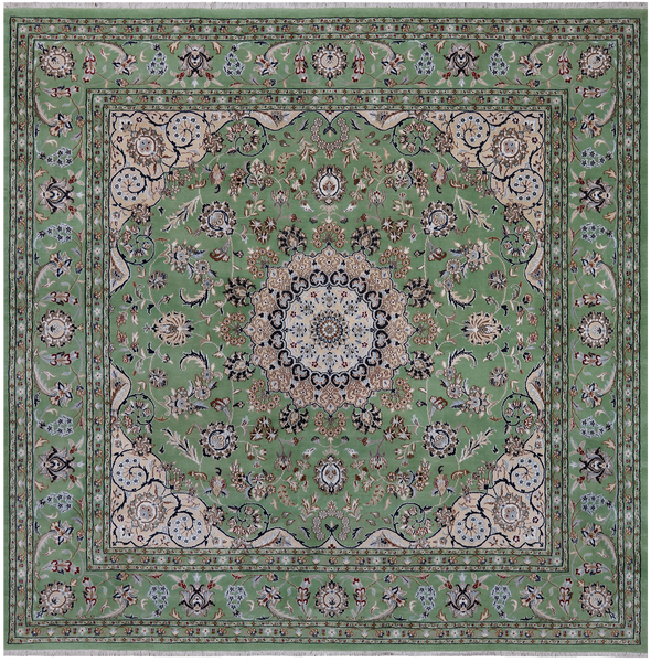 Green Square Persian Nain Hand Knotted Wool & Silk Rug - 8' 2" X 8' 2"