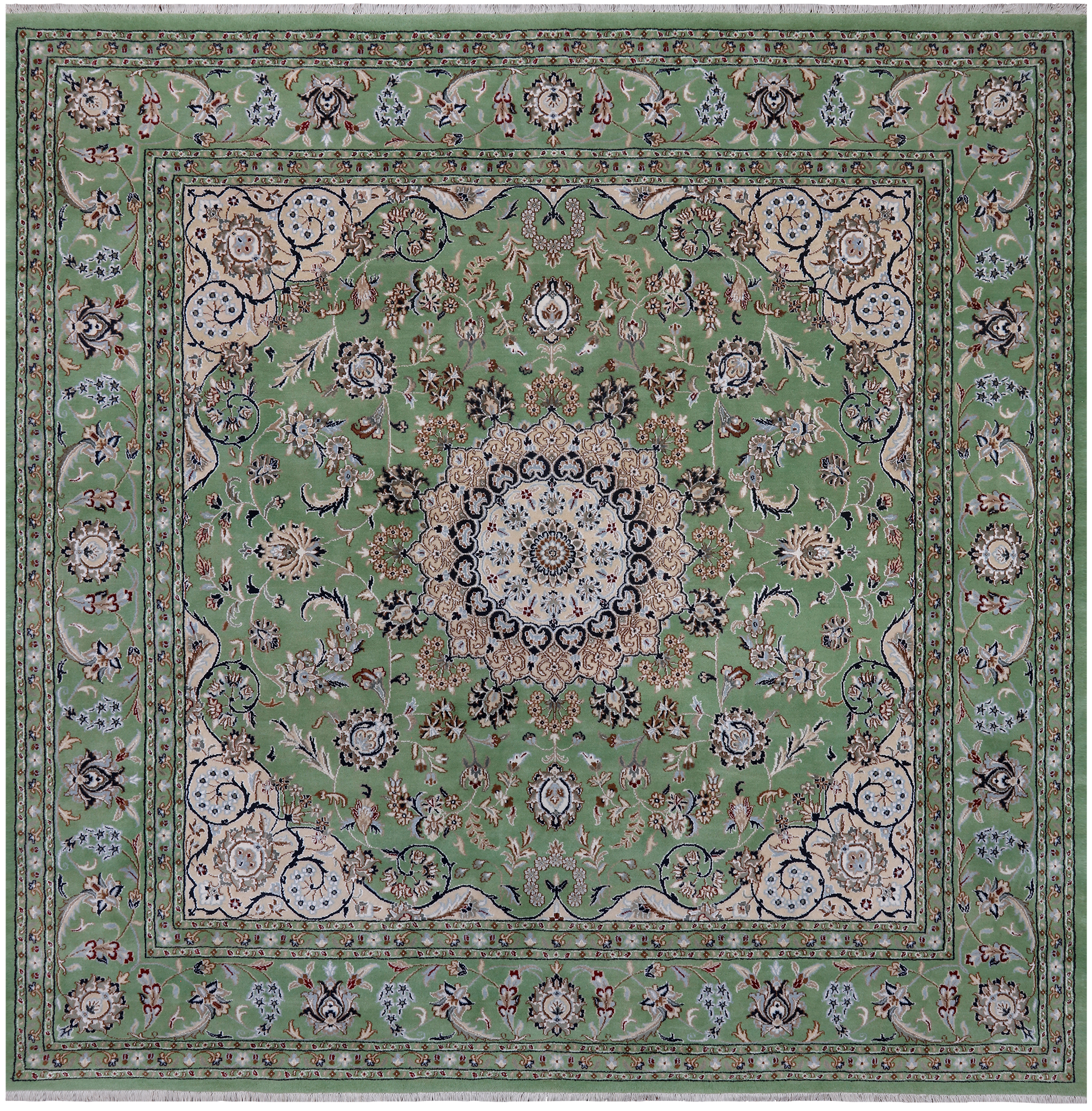 Green Square Persian Nain Hand Knotted Wool & Silk Rug - 8' 2" X 8' 2"