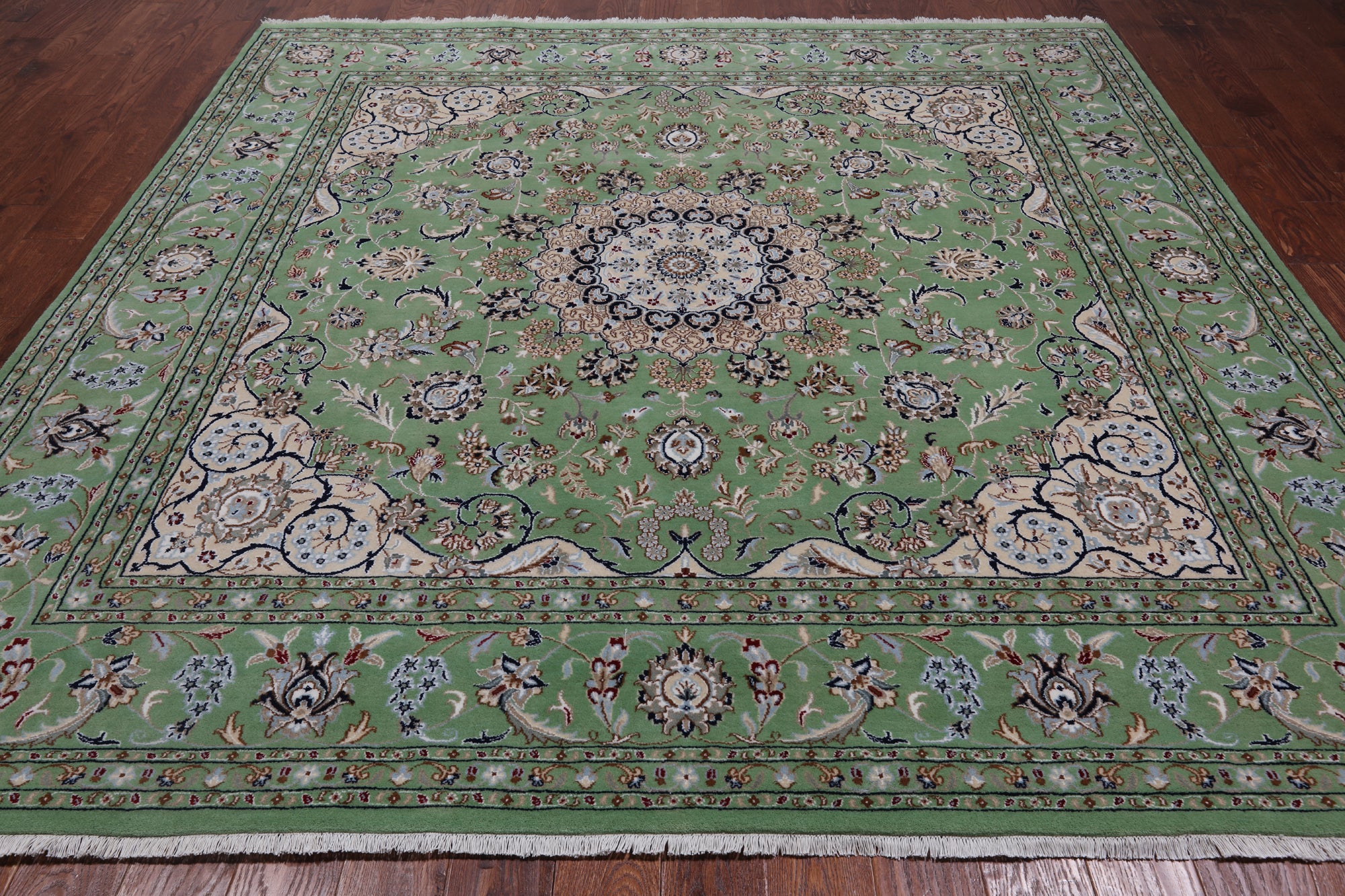 Green Square Persian Nain Hand Knotted Wool & Silk Rug - 8' 2" X 8' 2"