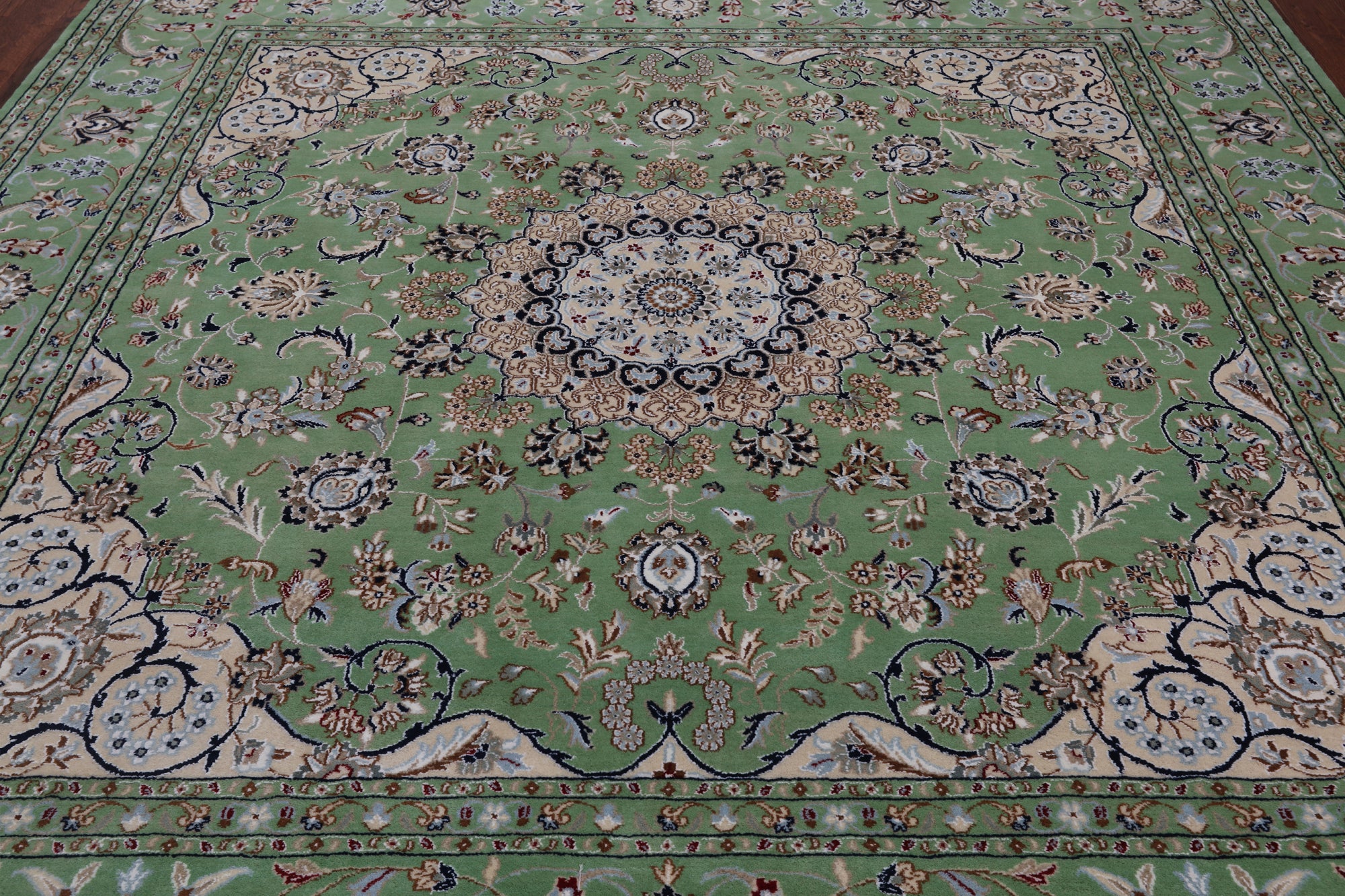 Green Square Persian Nain Hand Knotted Wool & Silk Rug - 8' 2" X 8' 2"