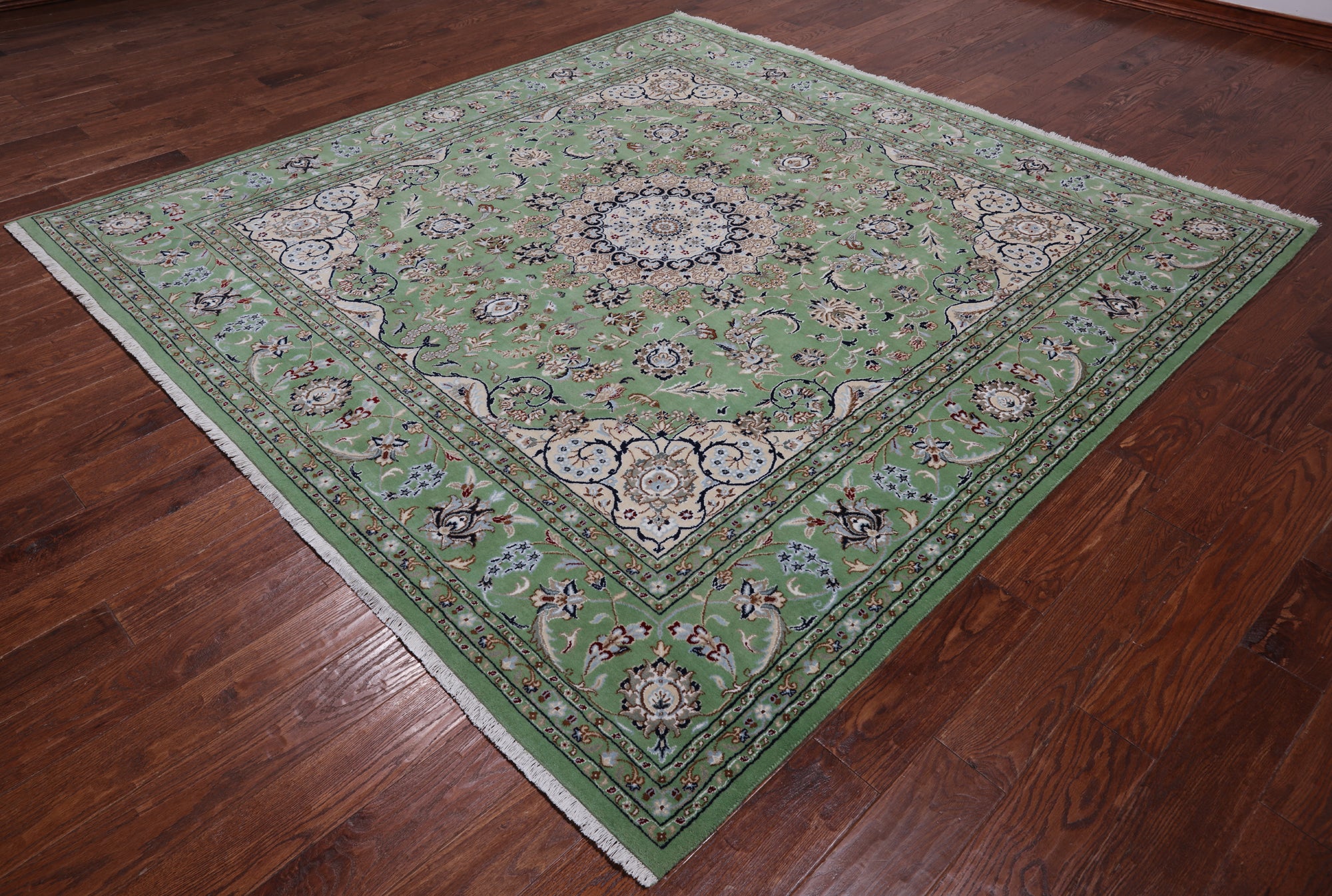 Green Square Persian Nain Hand Knotted Wool & Silk Rug - 8' 2" X 8' 2"