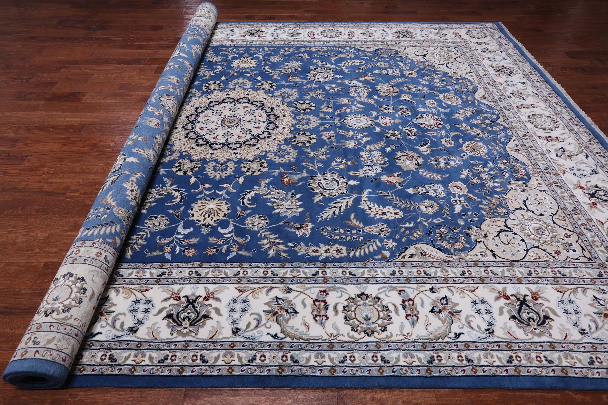 Blue Persian Nain Hand Knotted Wool & Silk Rug - 10' 3" X 14' 5"