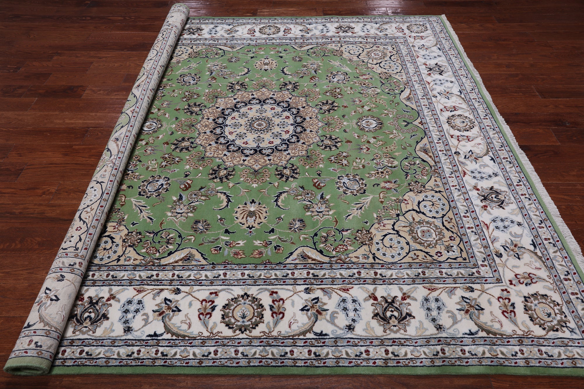 Green Square Persian Nain Handmade Wool & Silk Rug - 8' 1" X 8' 1"