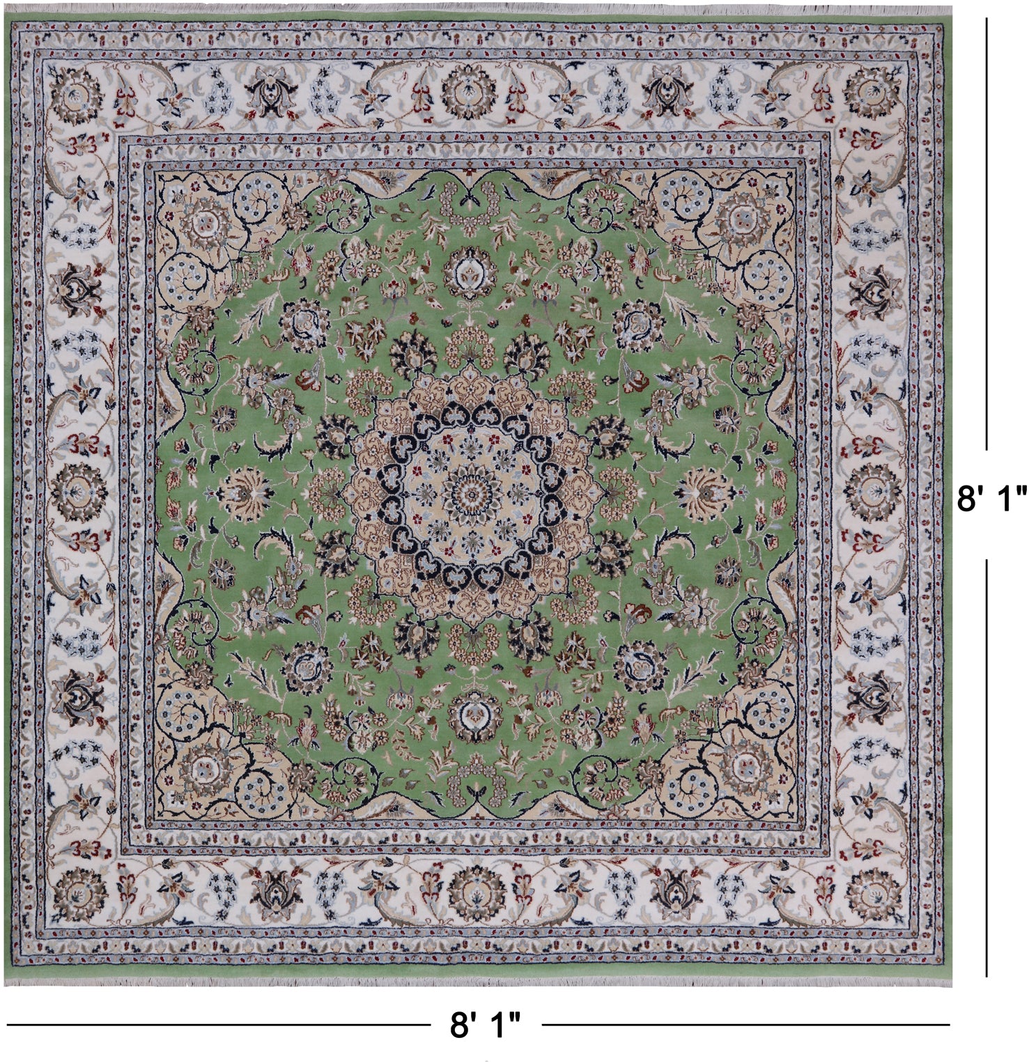 Green Square Persian Nain Handmade Wool & Silk Rug - 8' 1" X 8' 1"