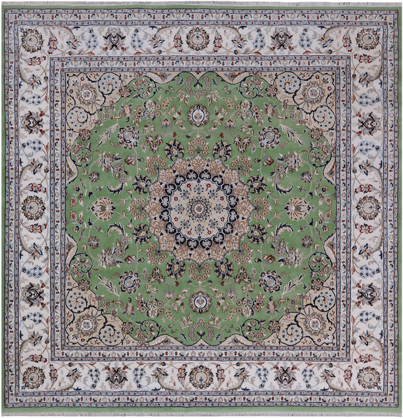 Green Square Persian Nain Handmade Wool & Silk Rug - 8' 1" X 8' 1"