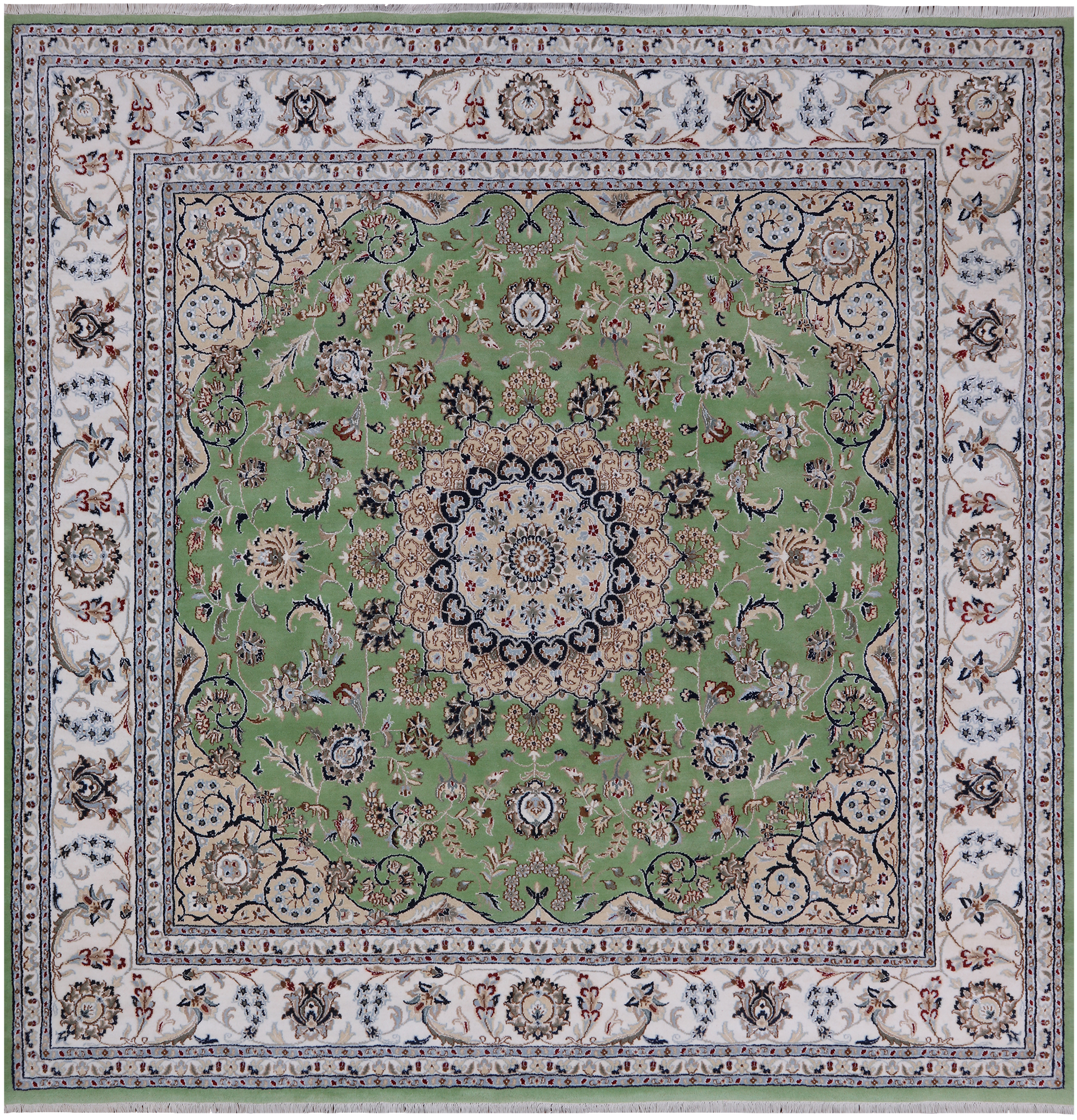 Green Square Persian Nain Handmade Wool & Silk Rug - 8' 1" X 8' 1"