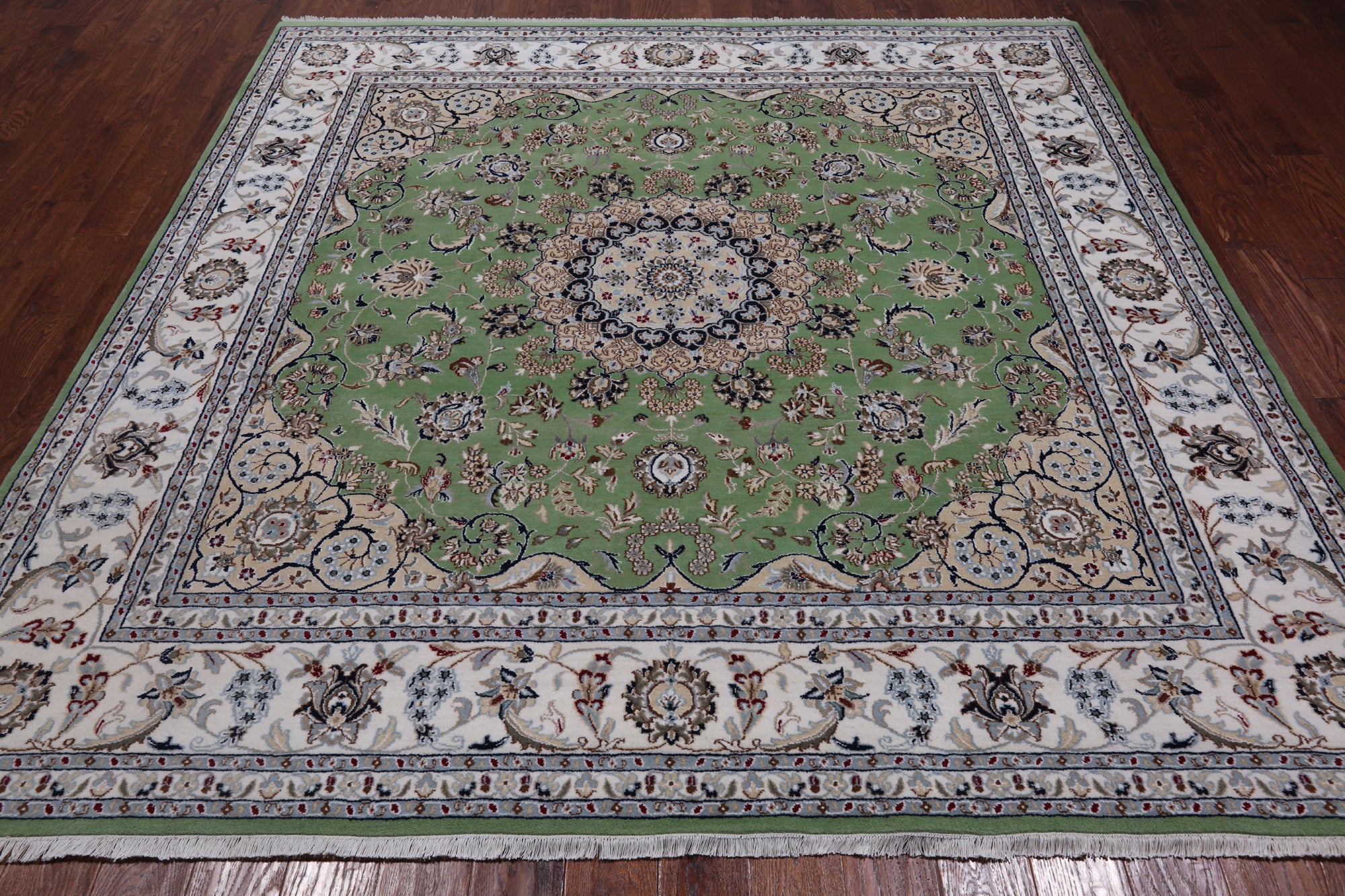 Green Square Persian Nain Handmade Wool & Silk Rug - 8' 1" X 8' 1"
