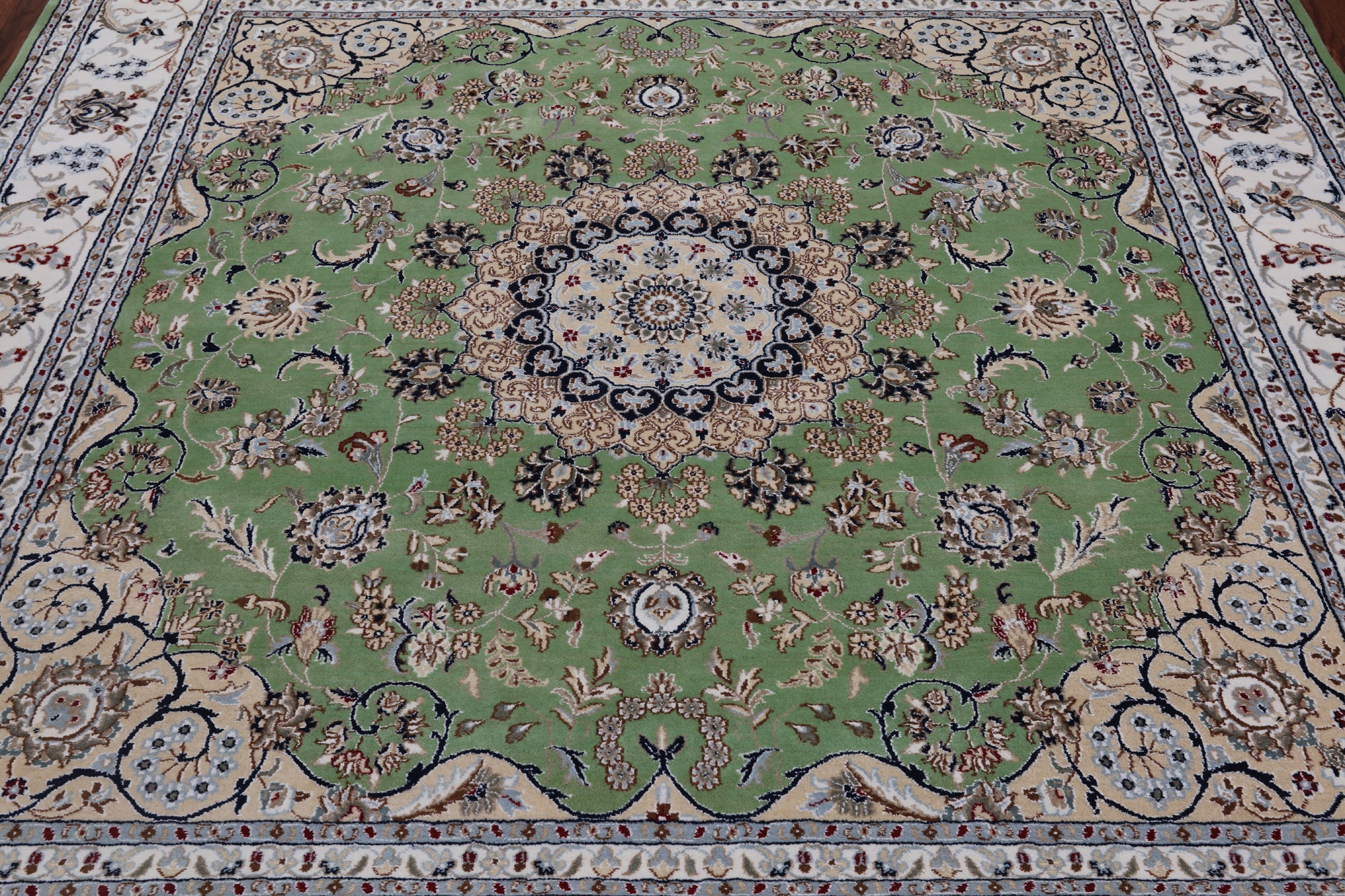 Green Square Persian Nain Handmade Wool & Silk Rug - 8' 1" X 8' 1"
