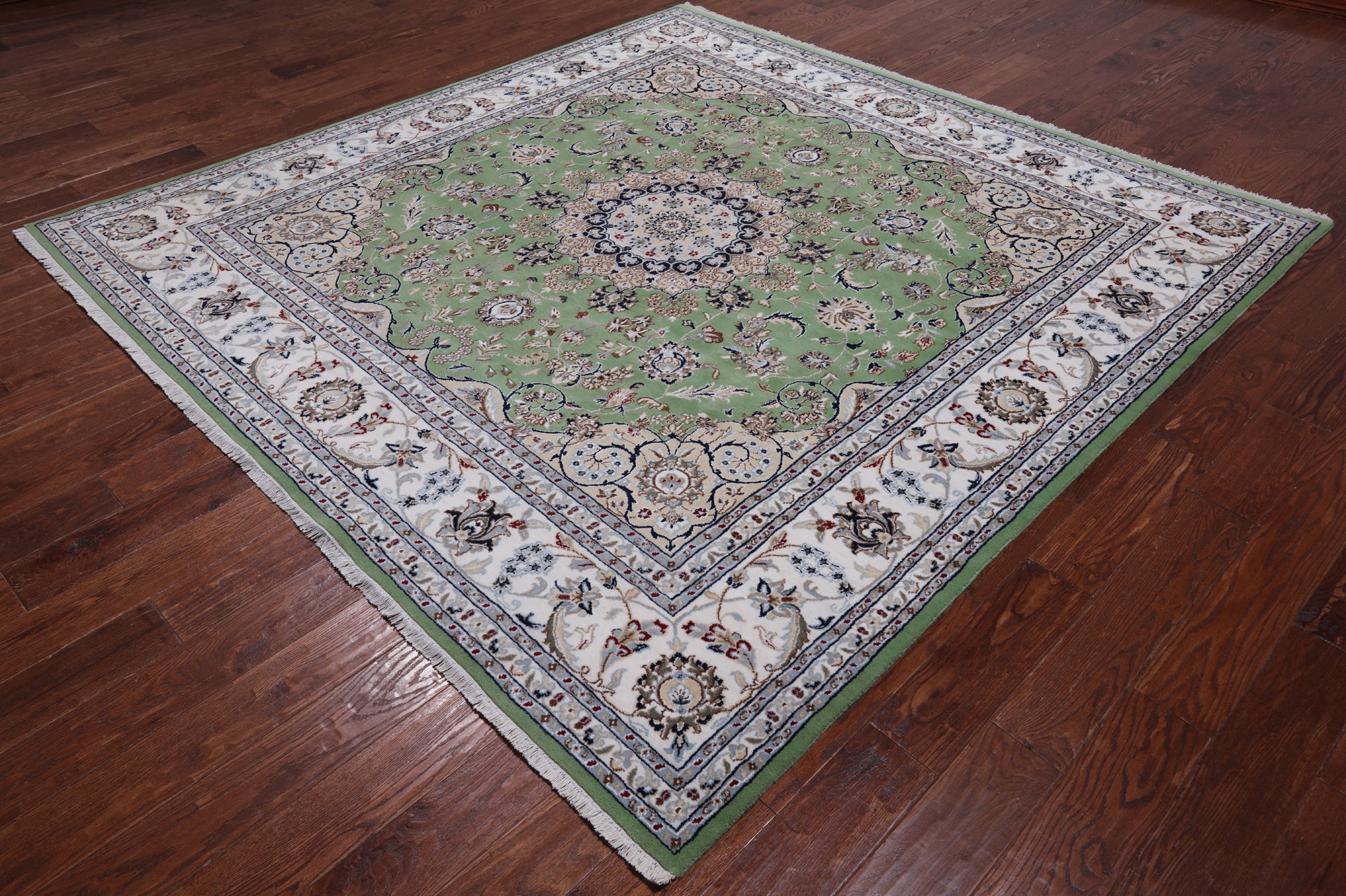 Green Square Persian Nain Handmade Wool & Silk Rug - 8' 1" X 8' 1"