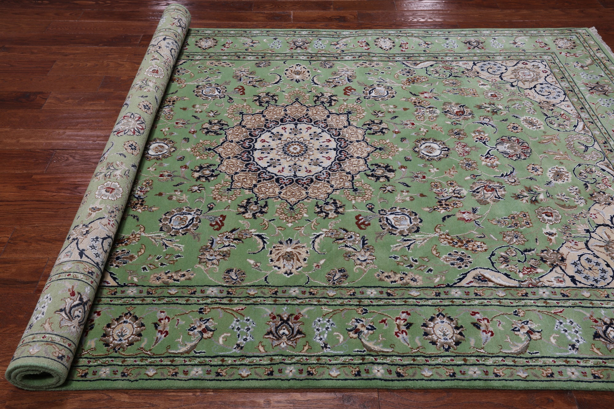 Green Persian Nain Handmade Wool & Silk Rug - 6' 1" X 9' 2"