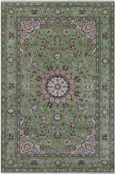 Green Persian Nain Handmade Wool & Silk Rug - 6' 1" X 9' 2"