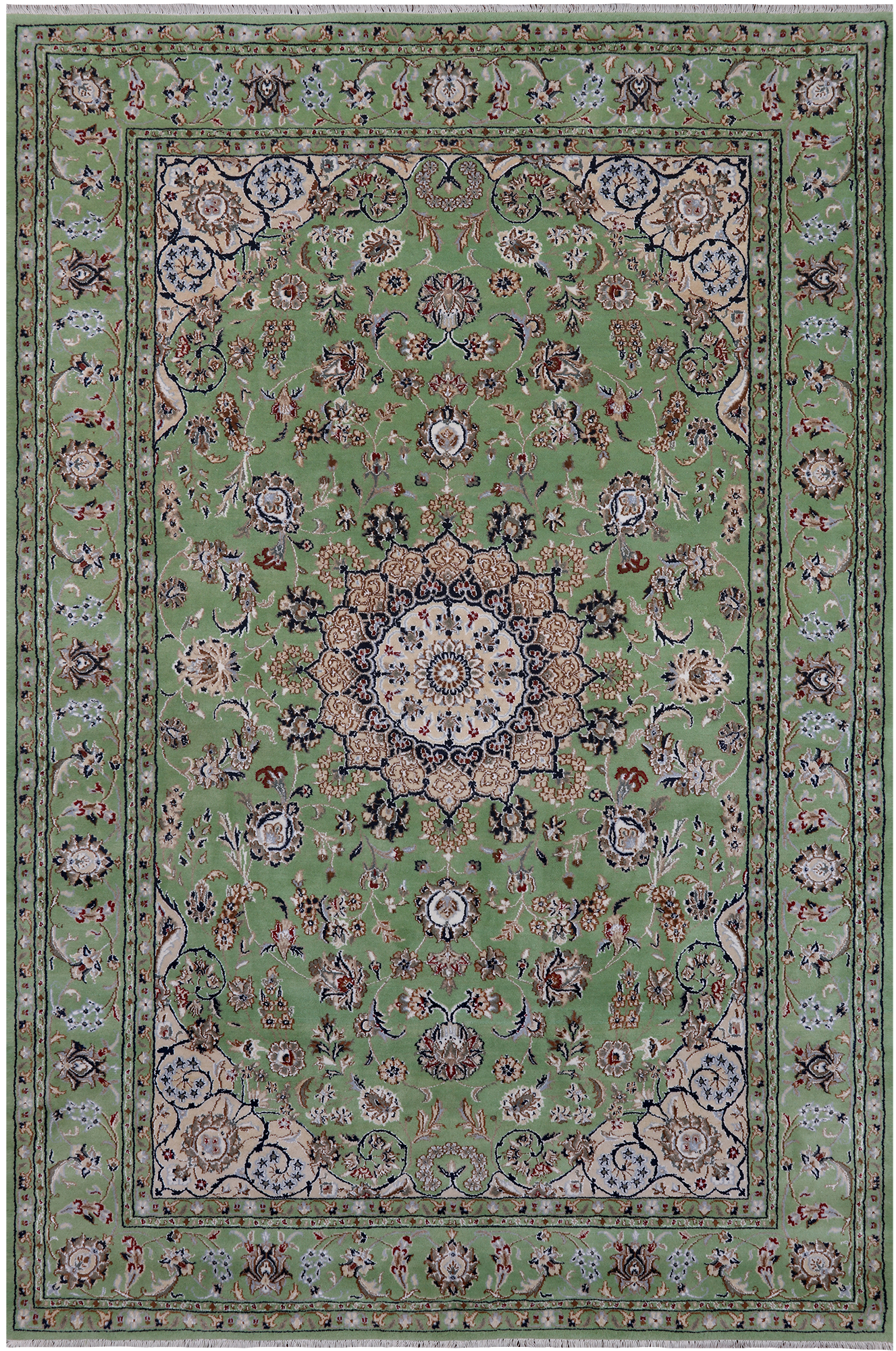 Green Persian Nain Handmade Wool & Silk Rug - 6' 1" X 9' 2"