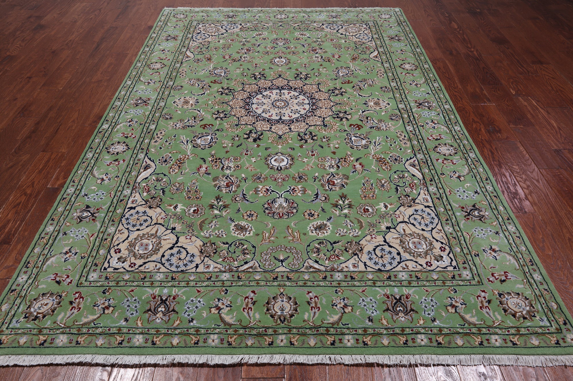 Green Persian Nain Handmade Wool & Silk Rug - 6' 1" X 9' 2"